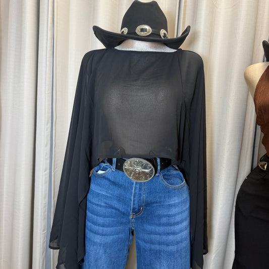 Mesh Long sleeve Crop Top-Black