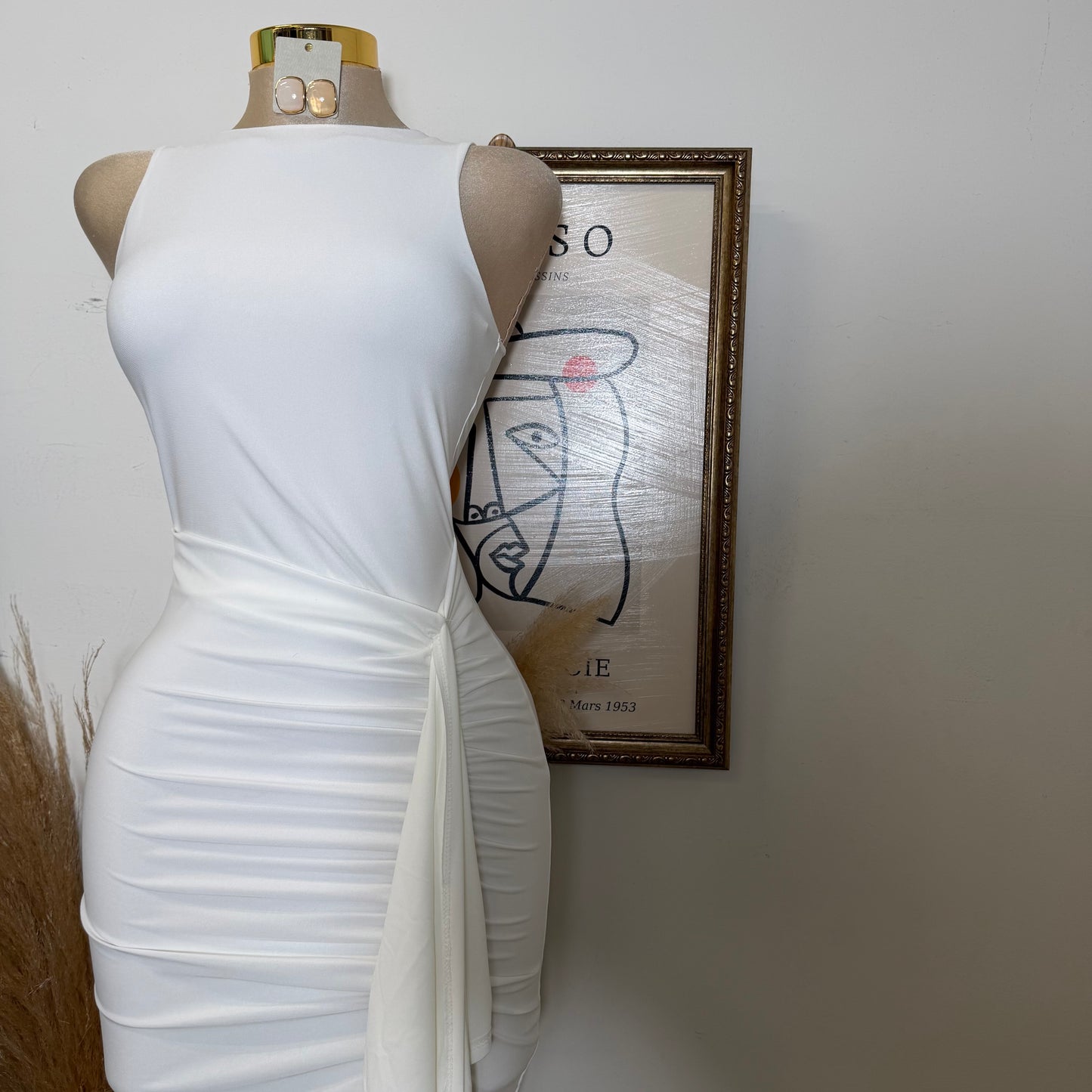 Sleeveless Mock Neck Ruffle Midi Dress-Ivory