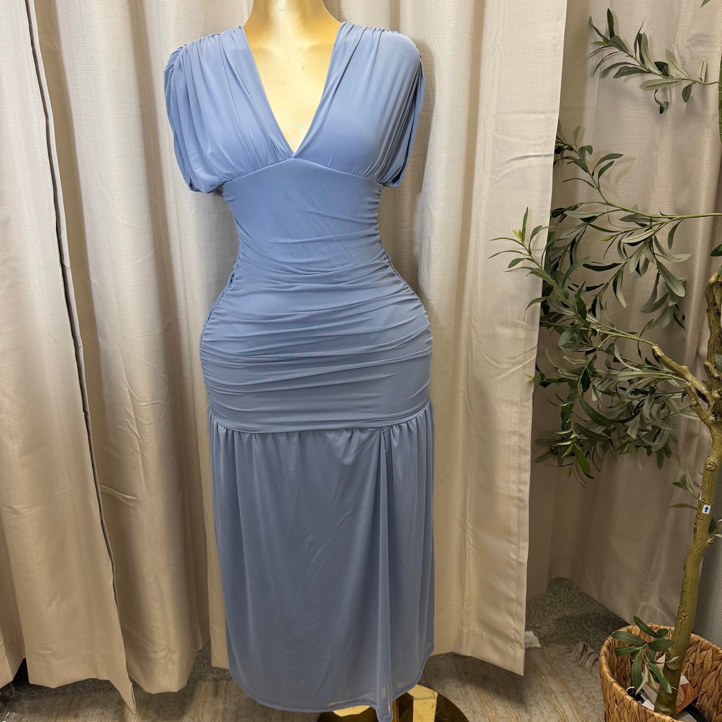 V Neck Mesh Maxi Dress-baby blue