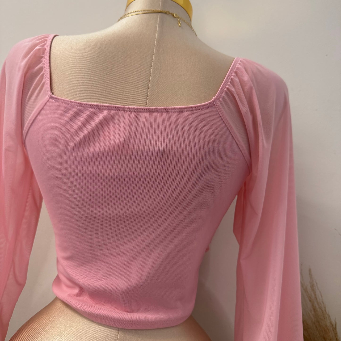 Mesh Long Sleeve Padded Bust Top-Pink