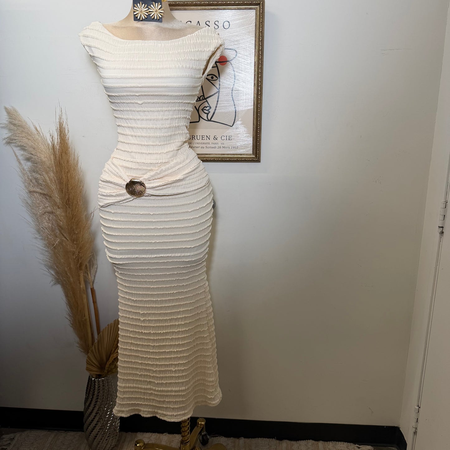 Textured Solid Off shoulder Maxi dress-Cream