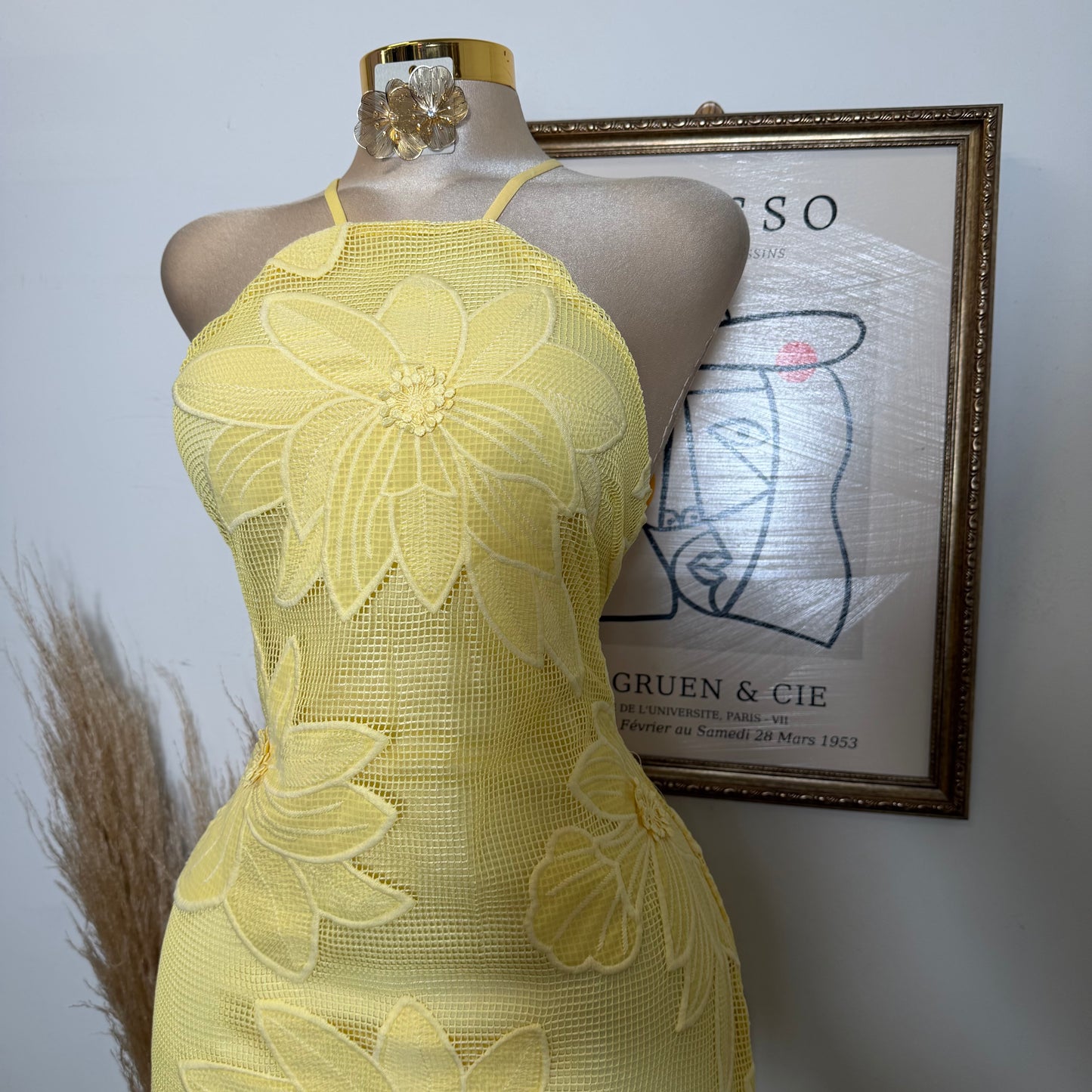Halter Neck with Lace up back Midi Dress- Yellow