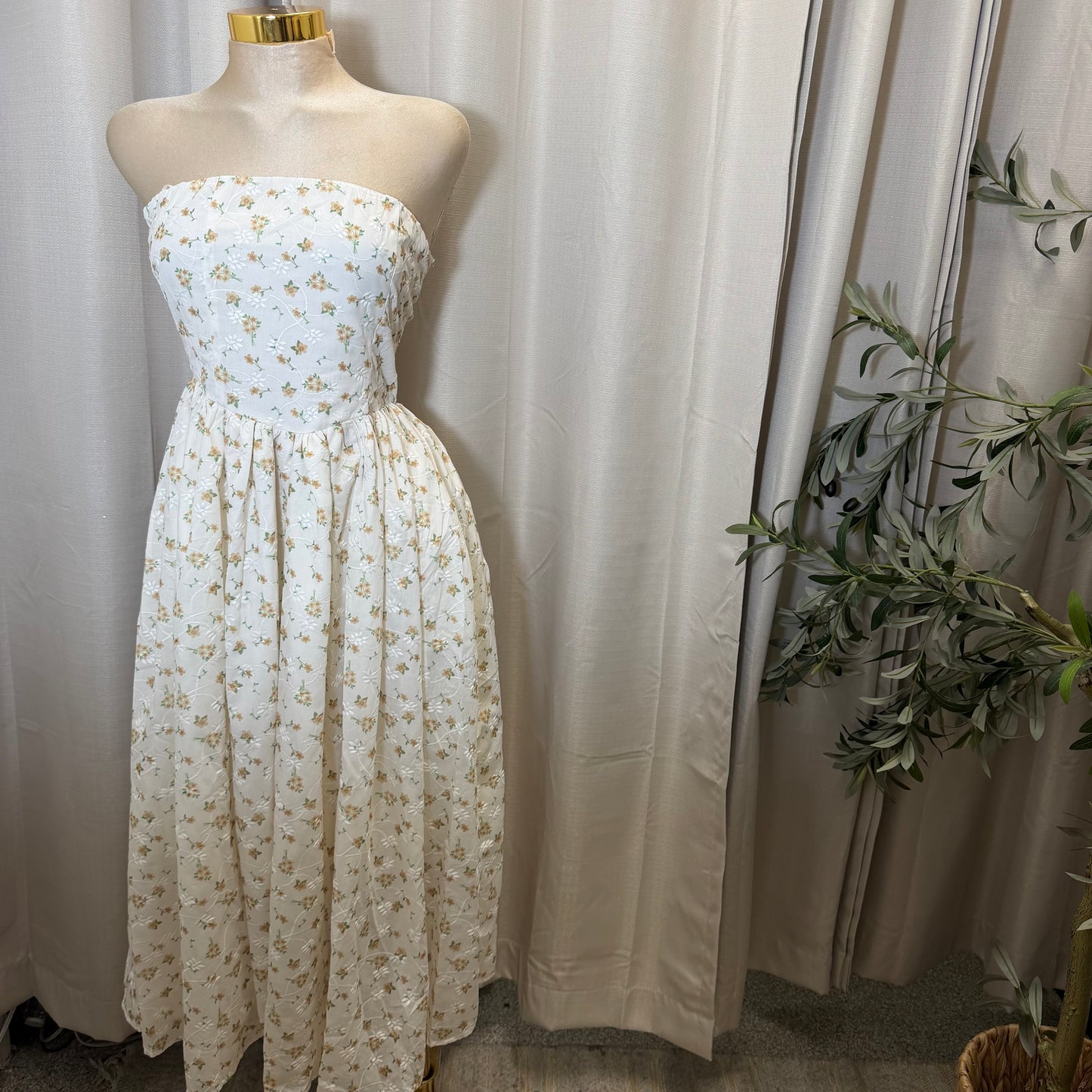 Strapless Floral Midi Dress-White/Yellow