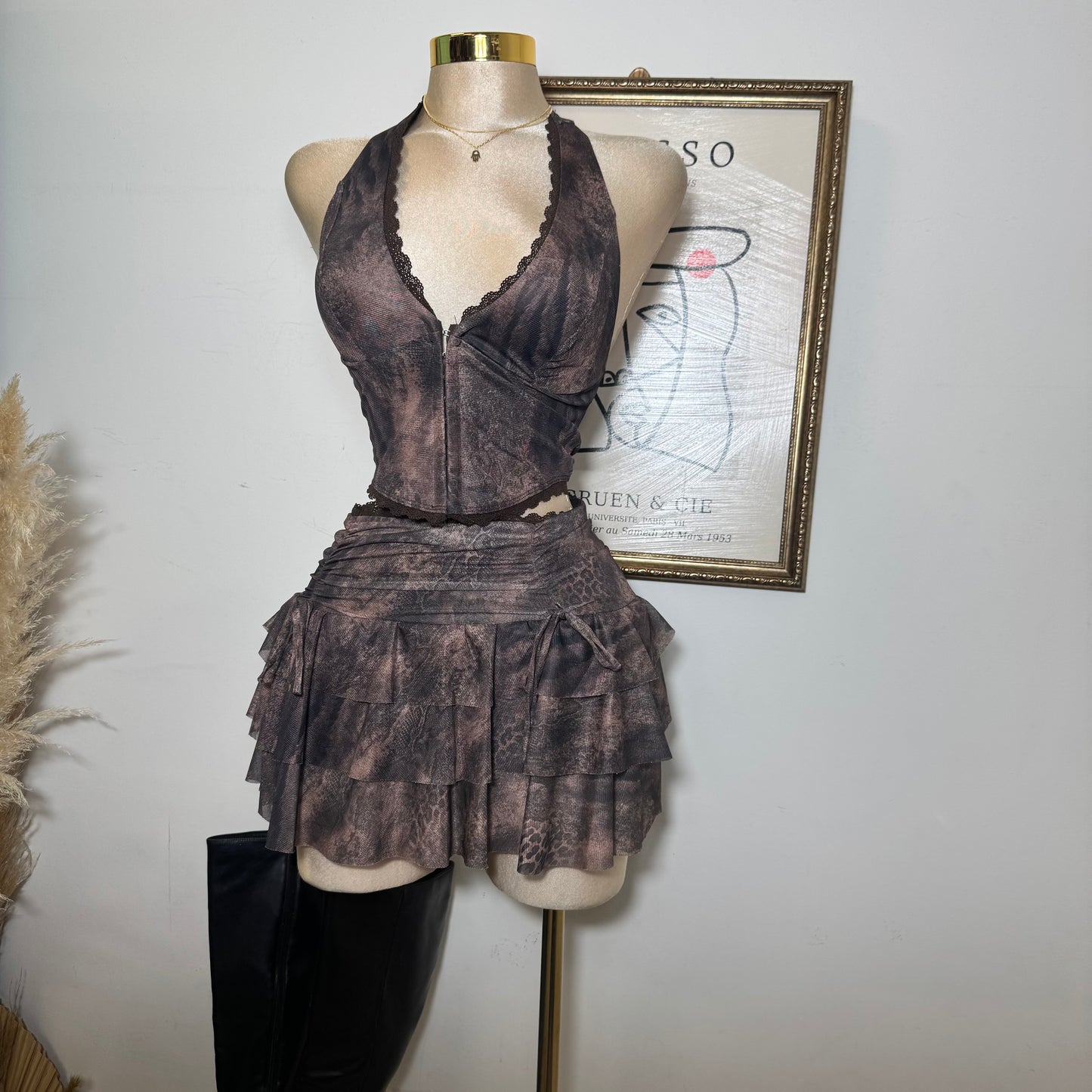 Printed Halter Top and Skirt Set-Chocolate