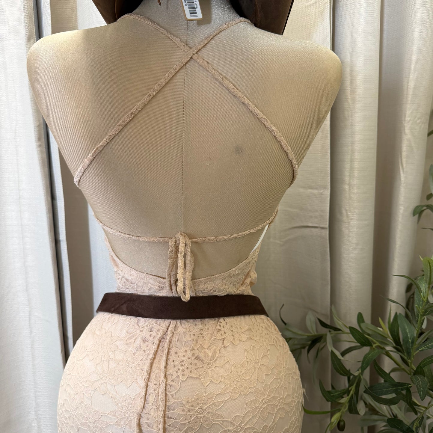 Mismaloya Lace Maxi Dress with Open Back & Tie Detail-Mocha