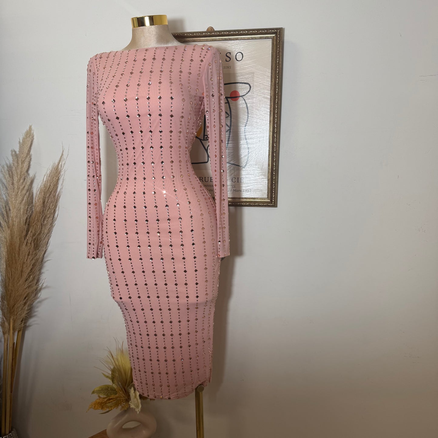 Square Rhinestone On Mesh Midi Dress-Pink