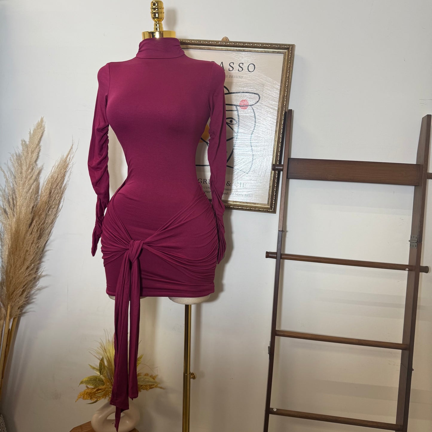 Long Sleeve Front Tie Mini Dress-Burgundy