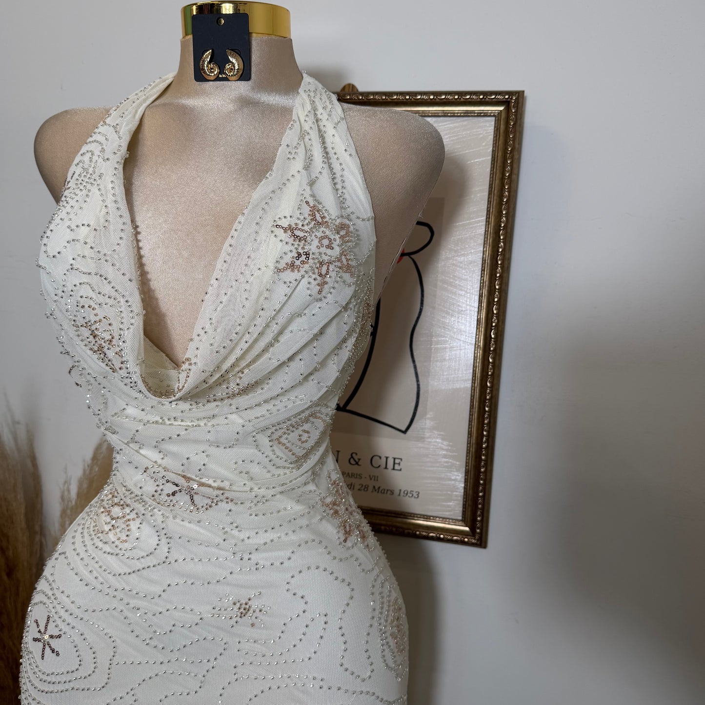 Halter Neck Lace Up Back Detail Mermaid Midi Dress-Cream