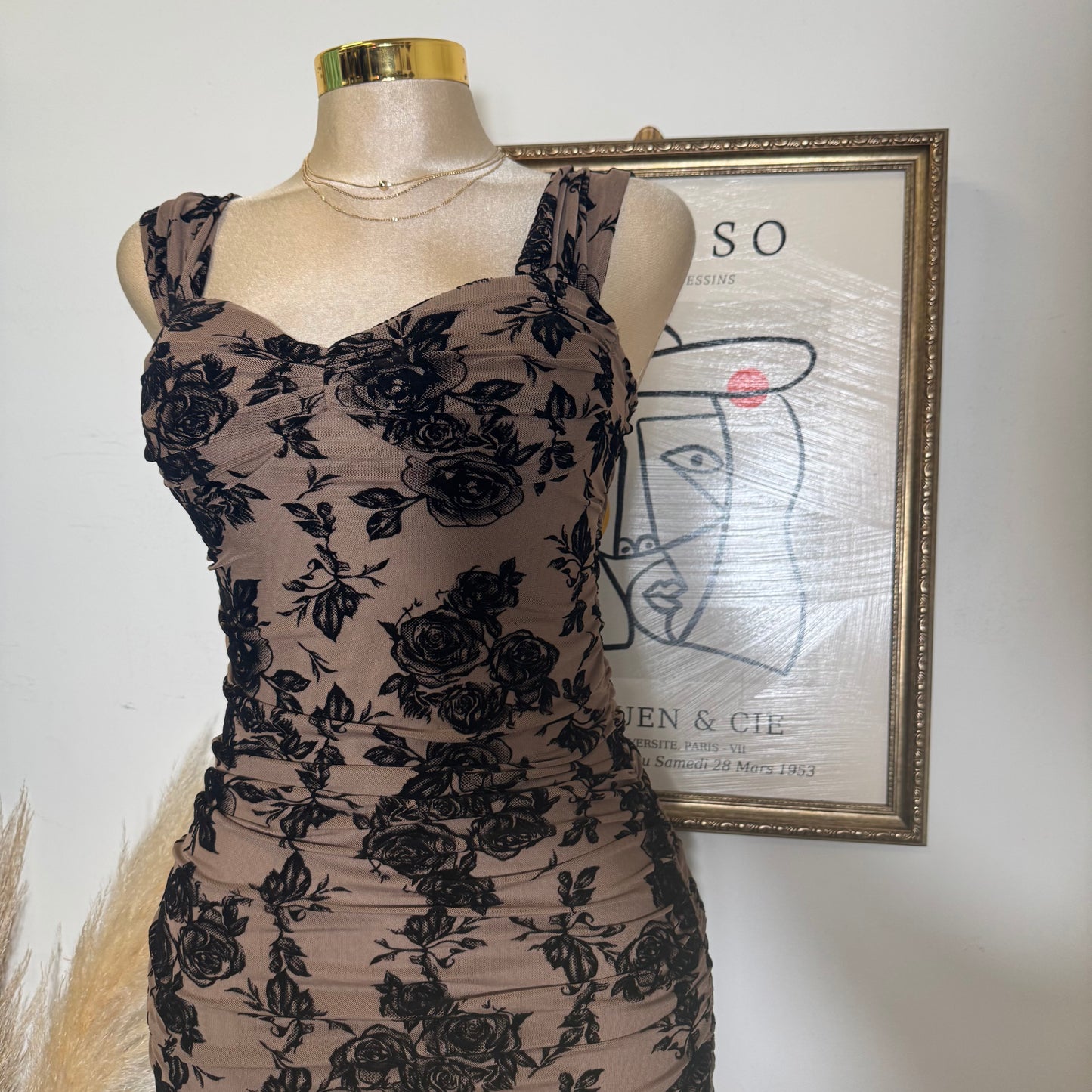 Off the shoulder Ruched Midi Dress-mocha Black