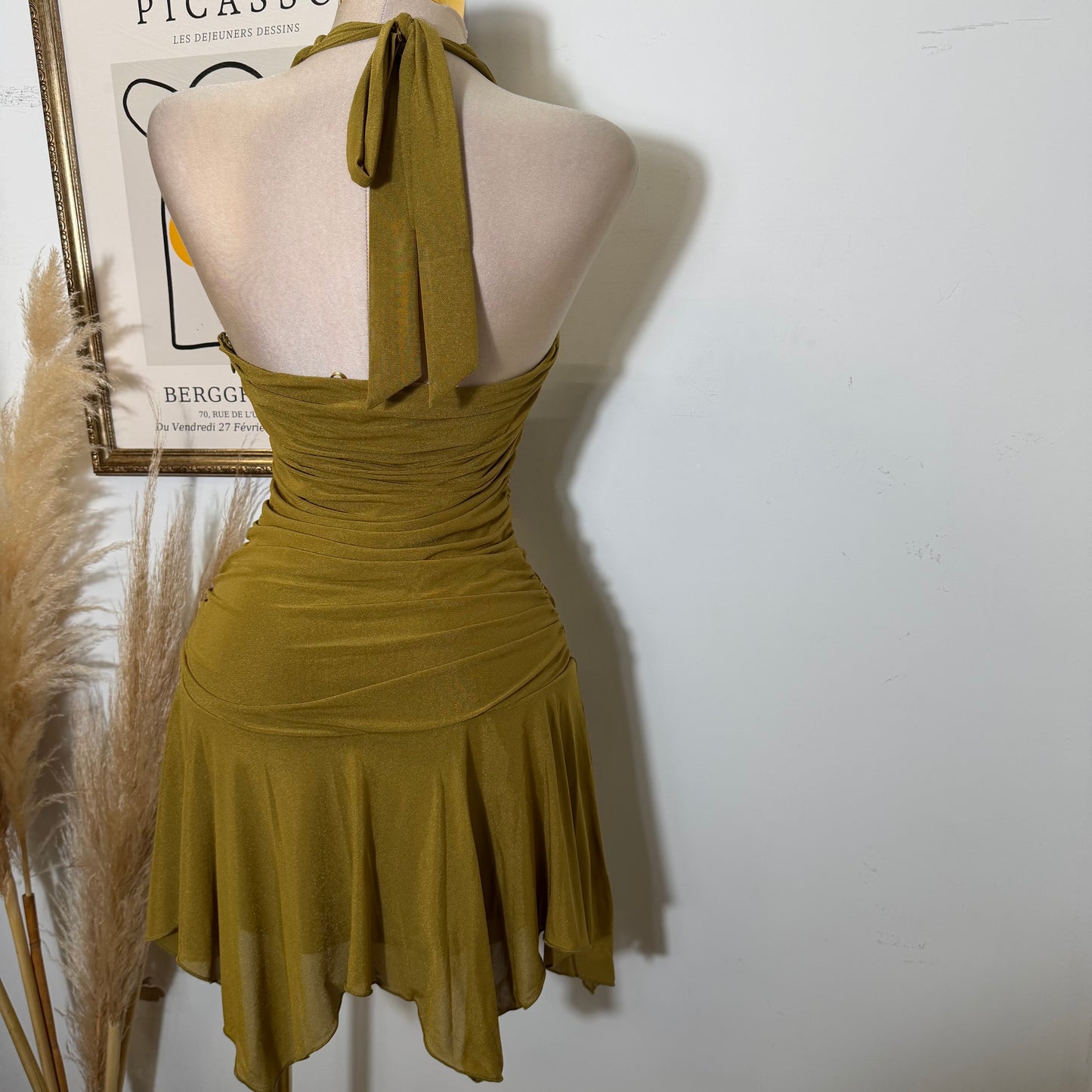 Halter Neck Ruched Waist Asymmetrical Hem Mini Dress-Marigold