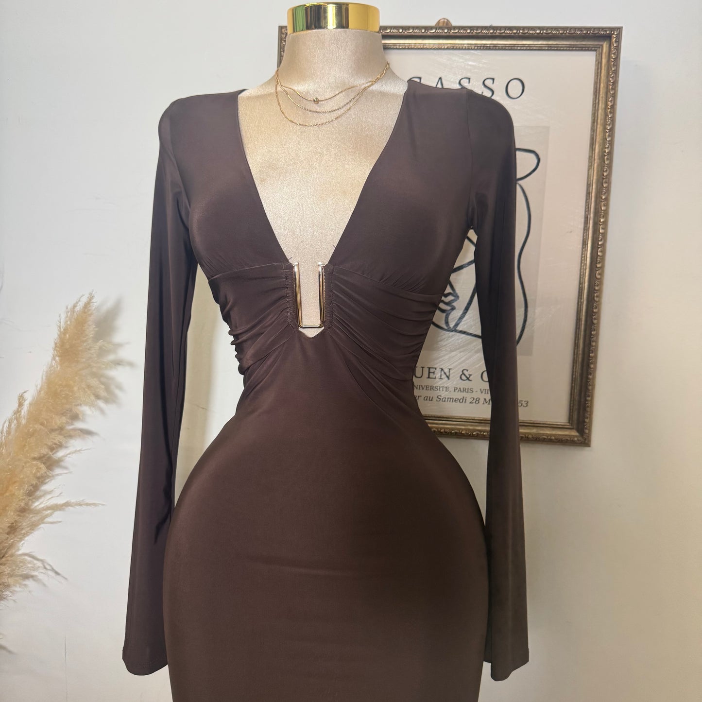 Long Sleeve Plunging Mini Dress-Brown