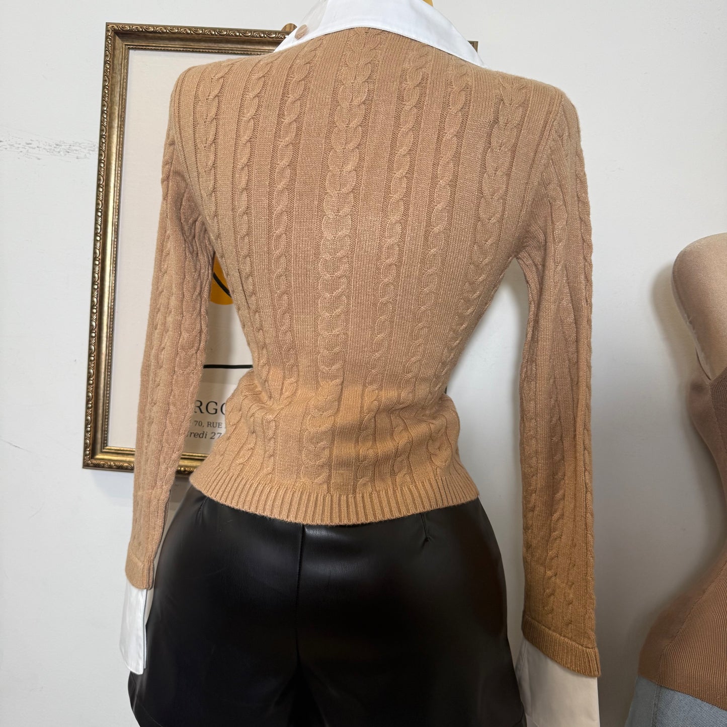Collar Trim Detail button Down Cable Knit Cardigan-Khaki