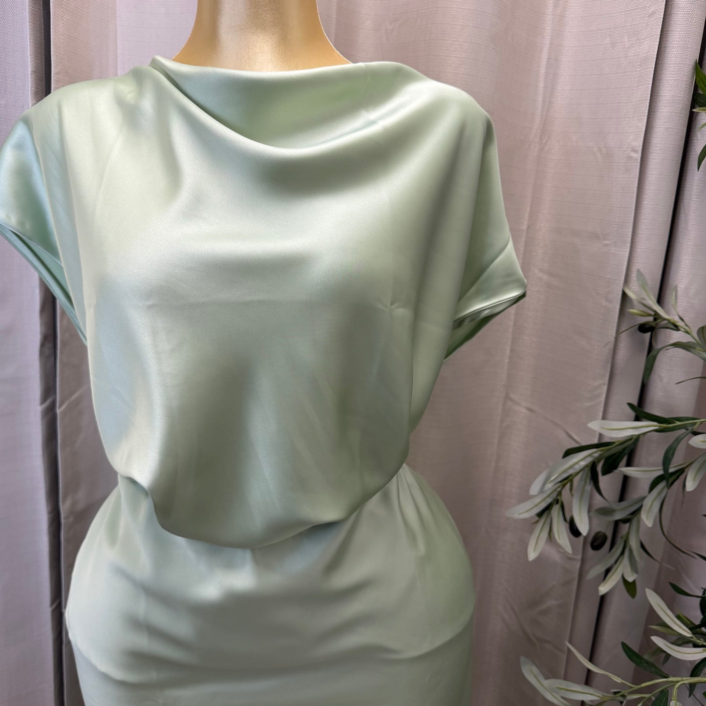 PL- Solid Satin Top with Cowl Neck-Sage Green