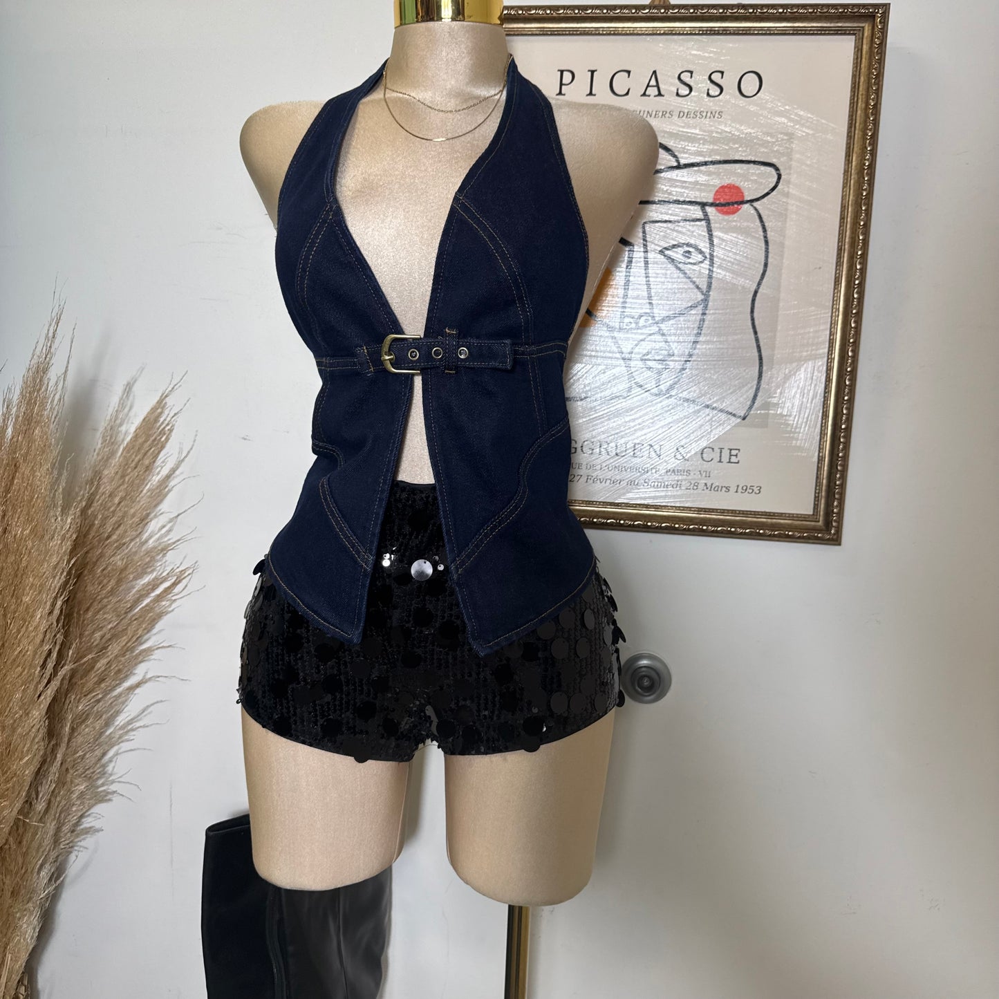 Halter Bust Belt Detail Denim Top-Denim