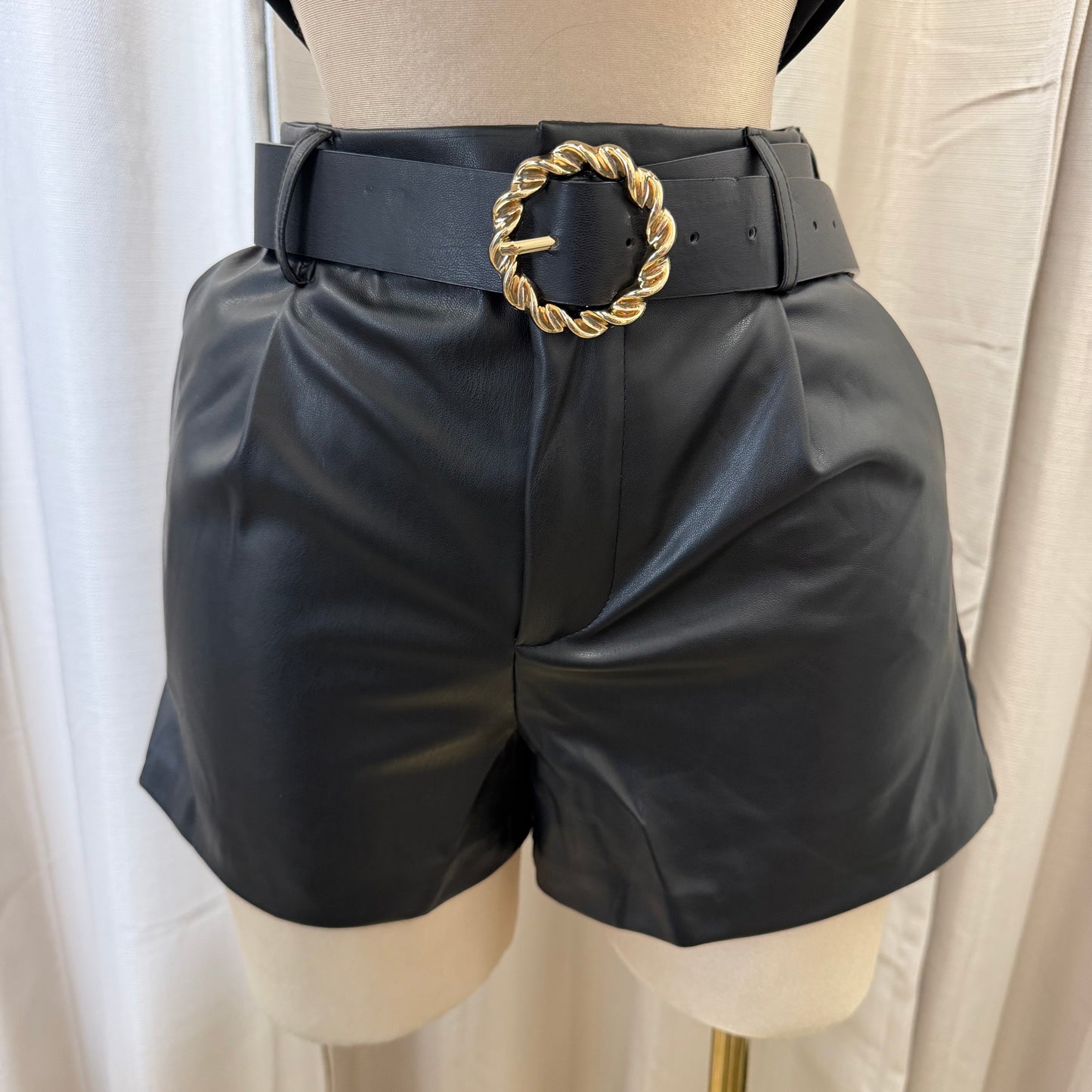 Belted Faux Leather shorts-Black
