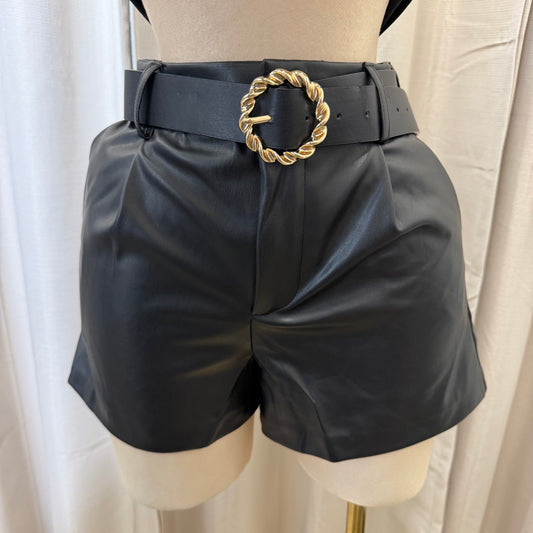 Belted Faux Leather shorts-Black