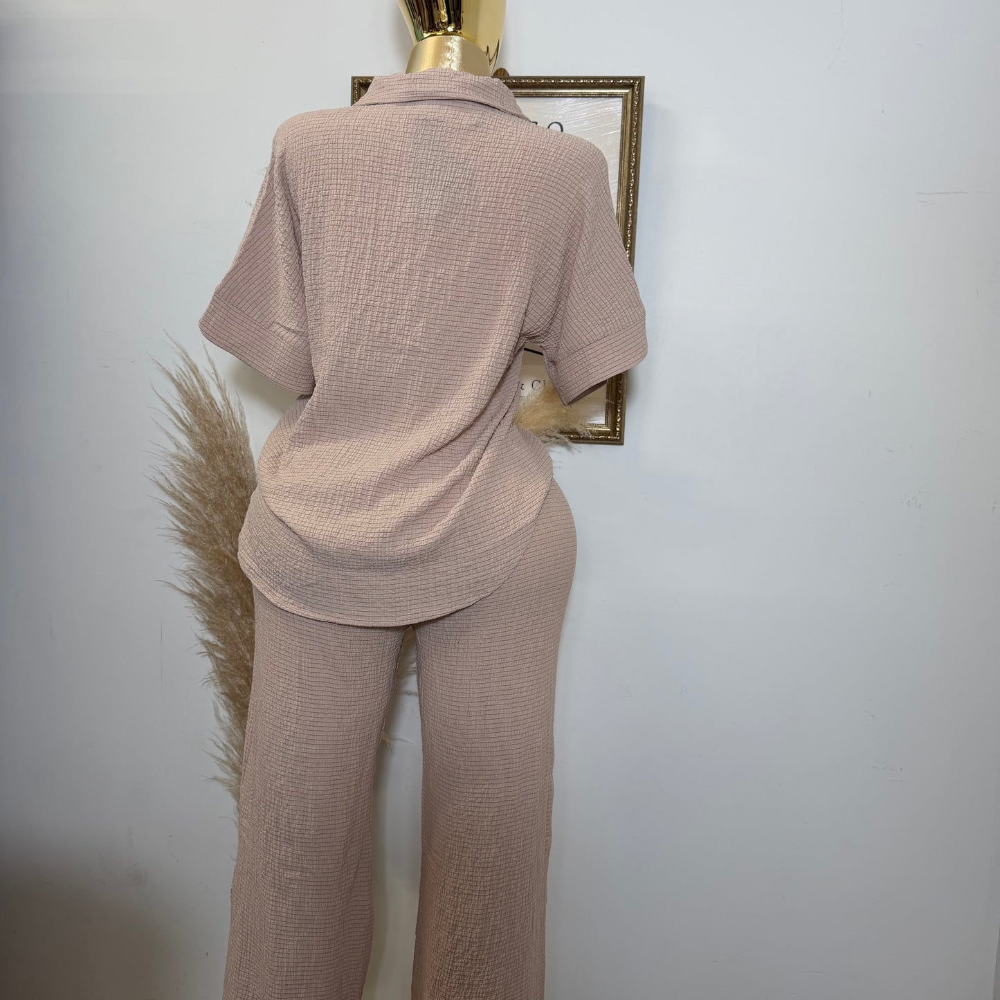 Texture front Button Down Top and pant Pant -Beige