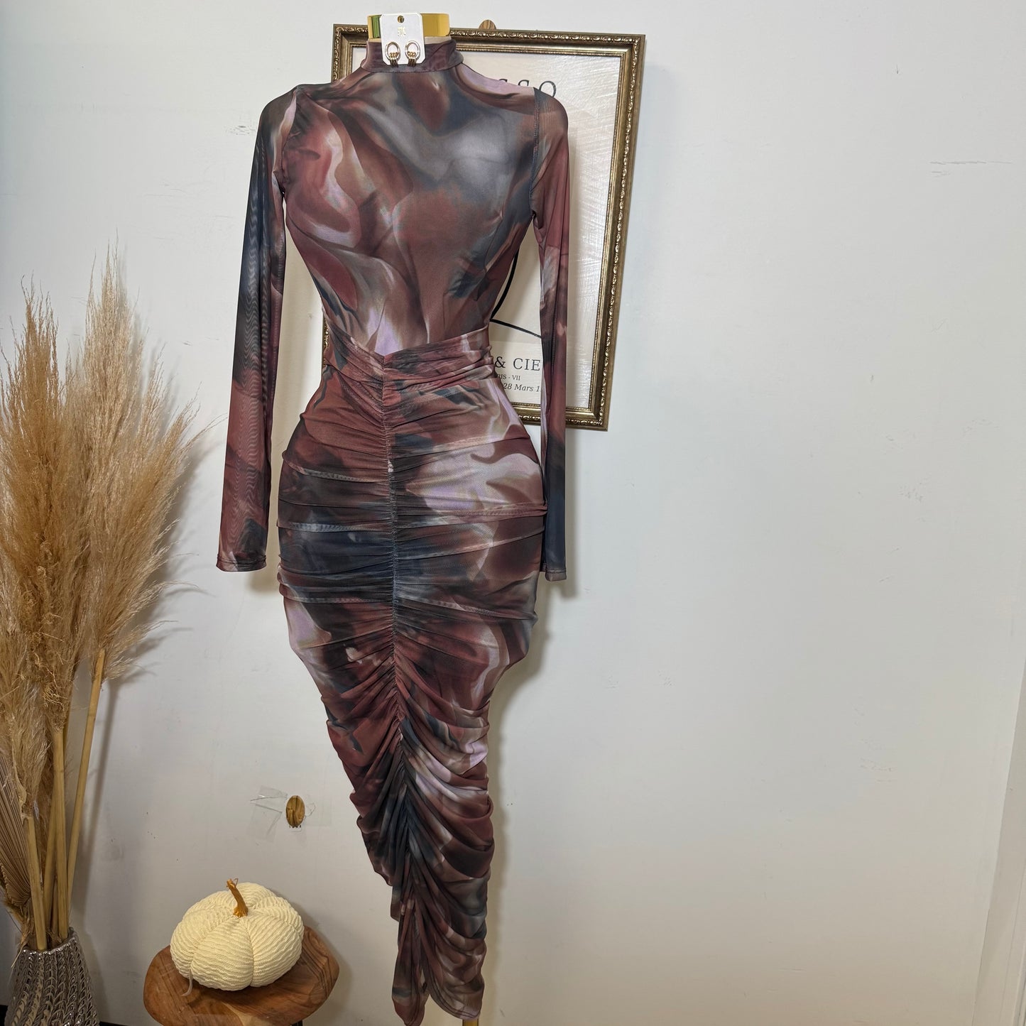 Multi Colored Mock Neck Long Sleeve Maxi Dress-Brown