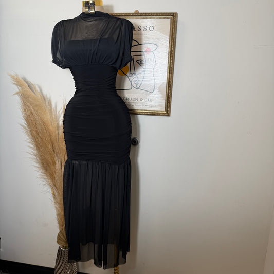 Mesh & Knit Mix Long Dress-Black