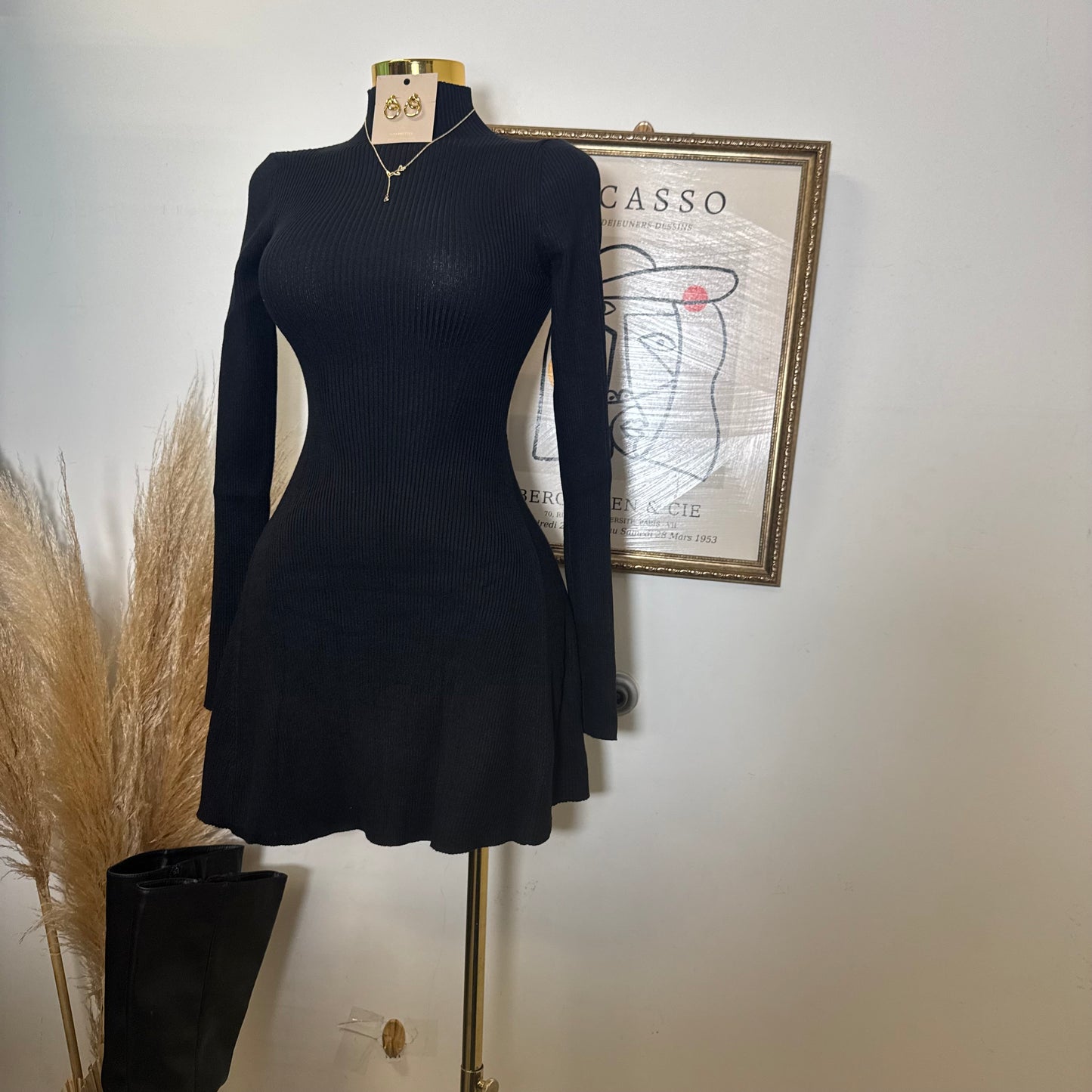Long Sleeve Sweater Dress-Black