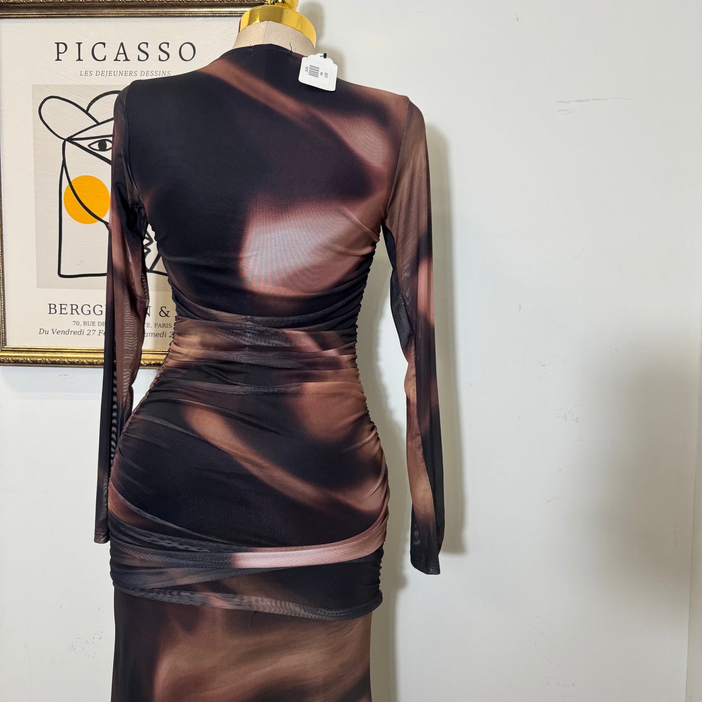 Geographic Mesh Maxi Dress-Brown Combo