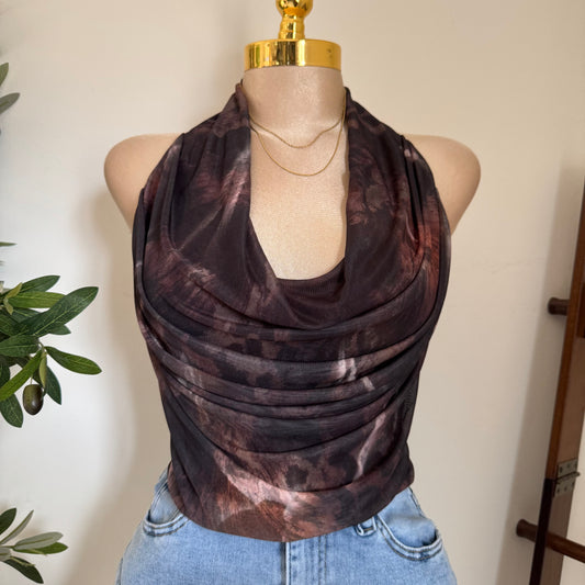 Cowl Neck Mesh Print Lining Top-Brown