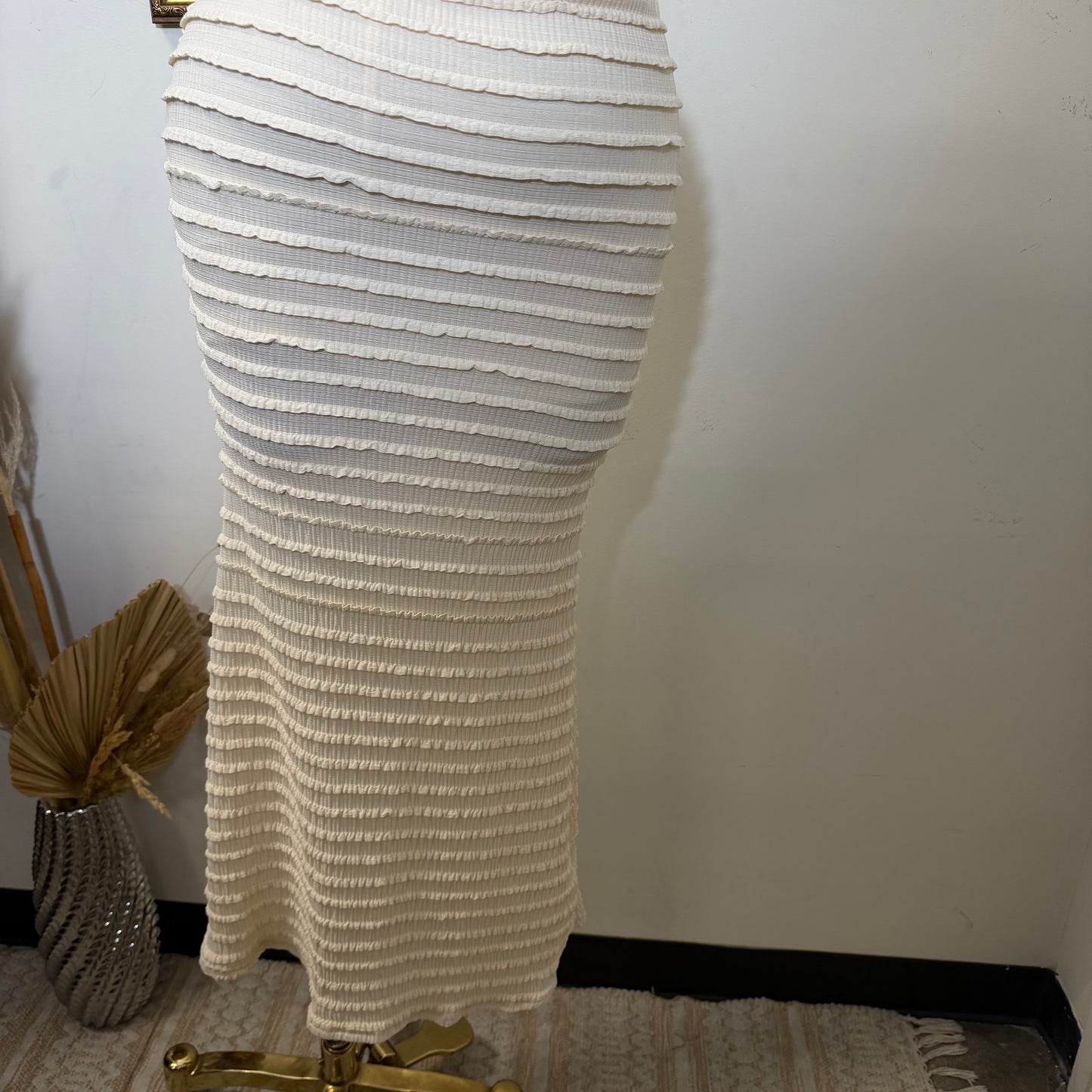 Textured Solid Off shoulder Maxi dress-Cream