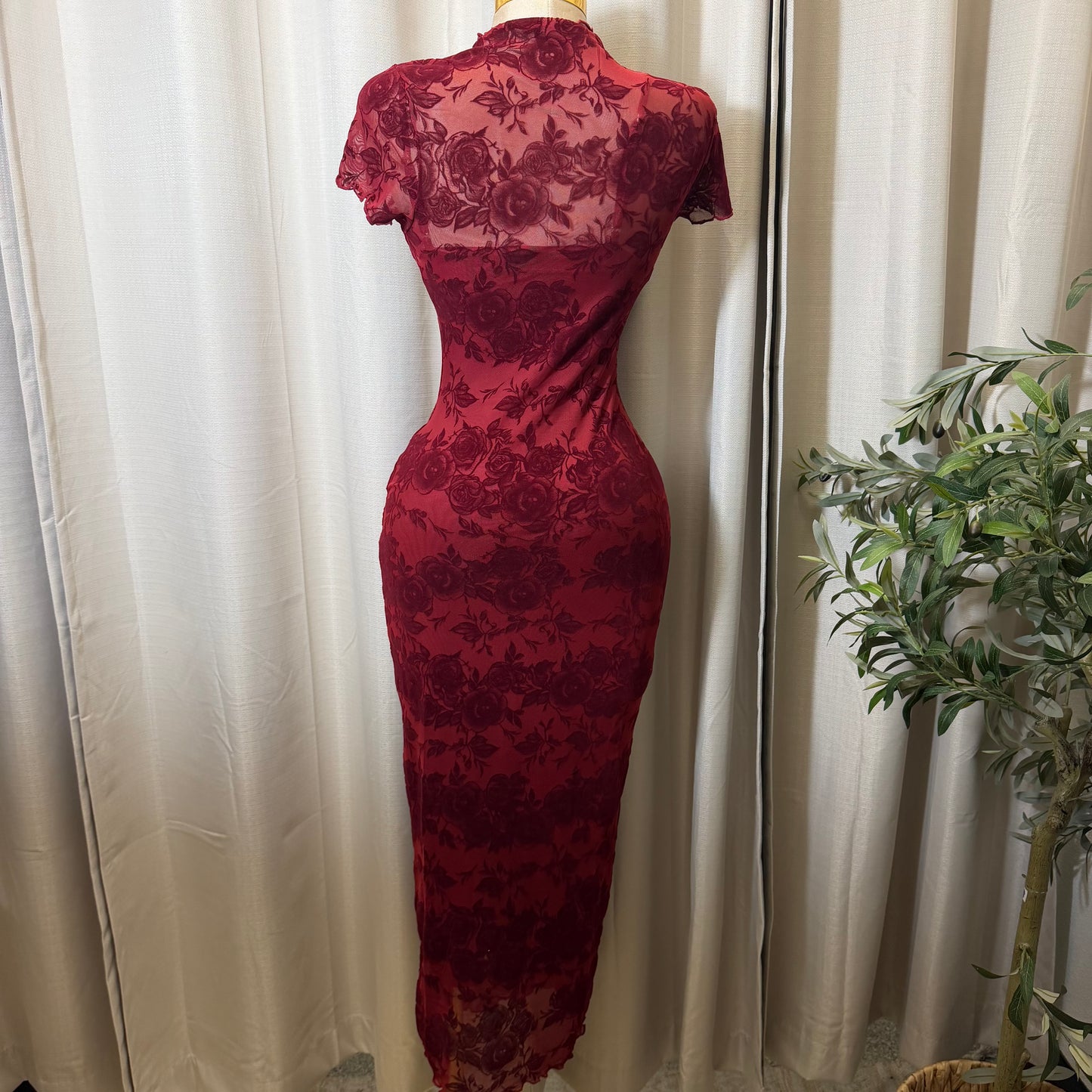 Luxi Mesh Flower Print Dress-Burgundy