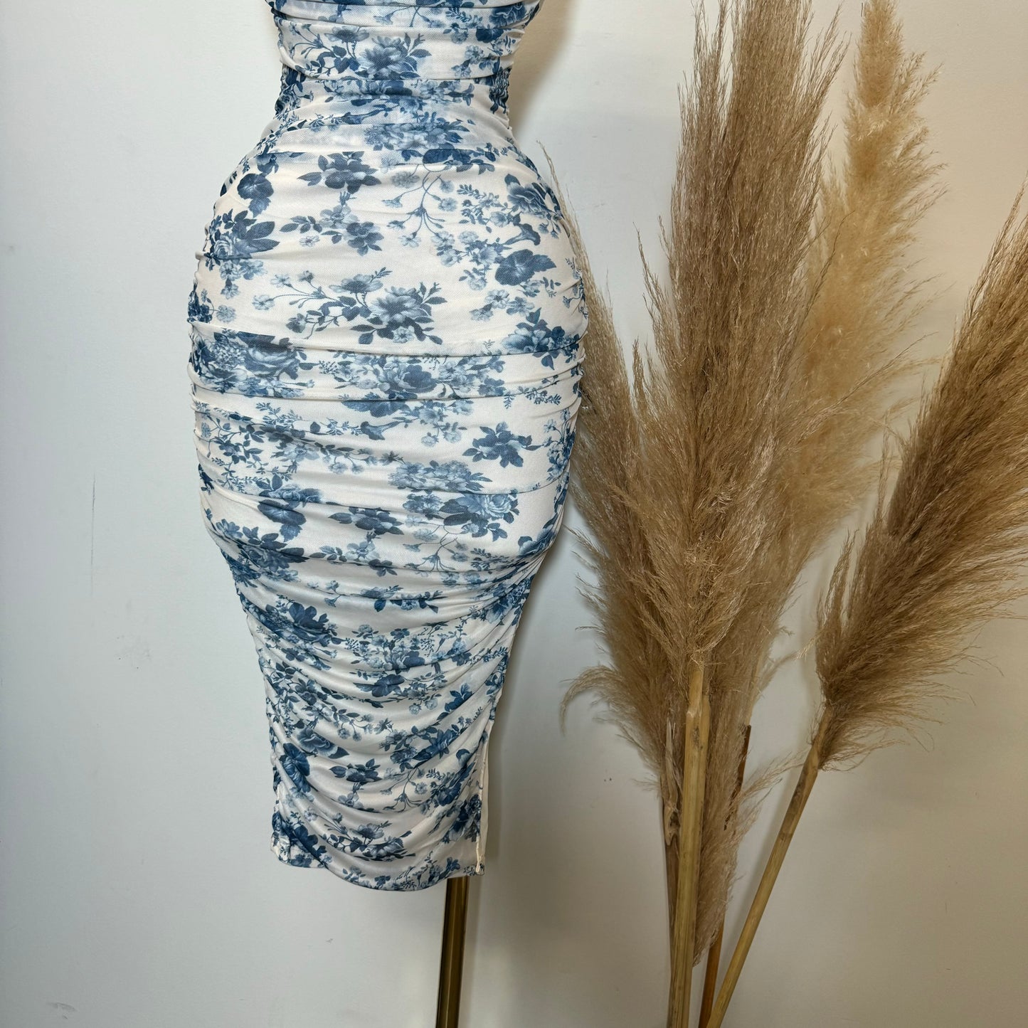 Floral Pleated Neckline Ruched Mini Dress-Blue/White