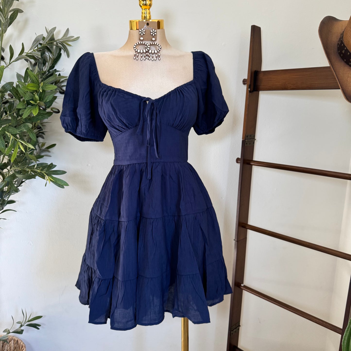 Puff Sleeve Tiered Mini Dress-Navy