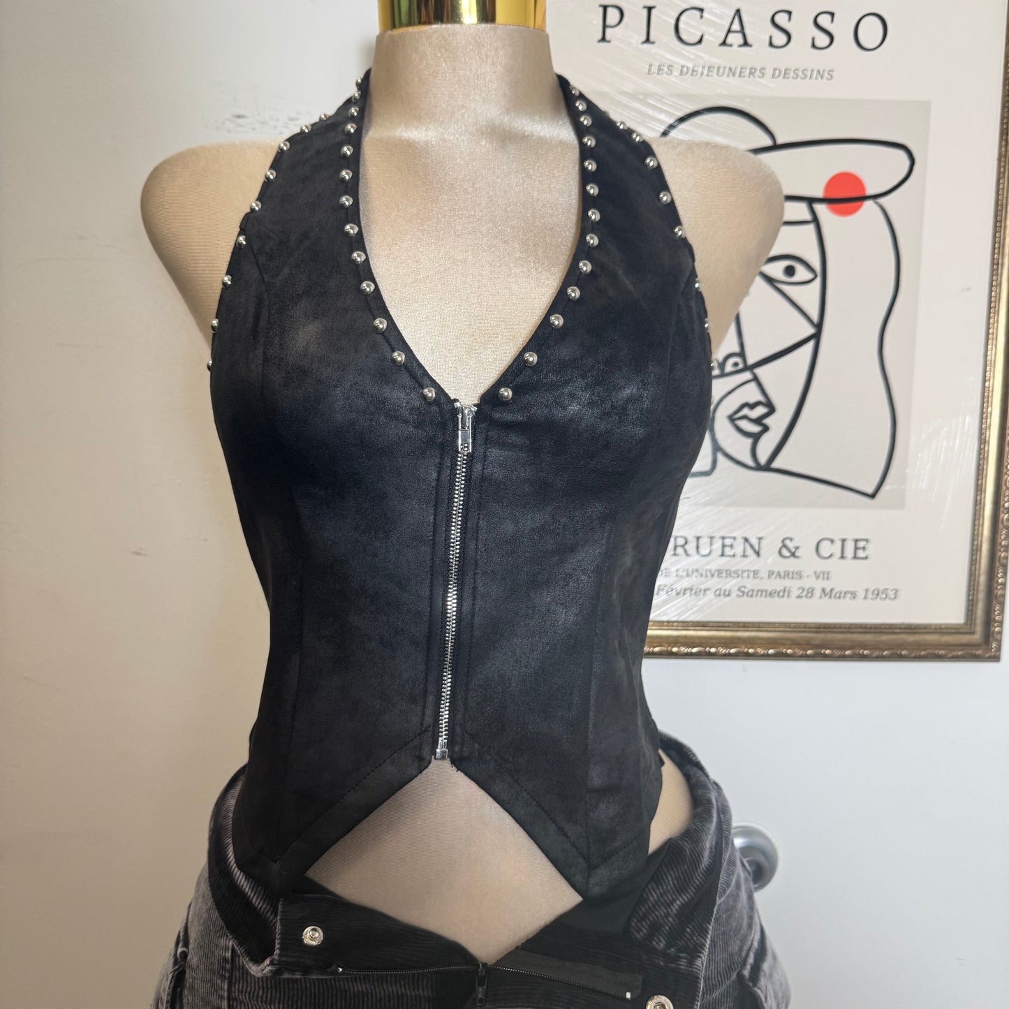 Zipper Front Suede Top-Black