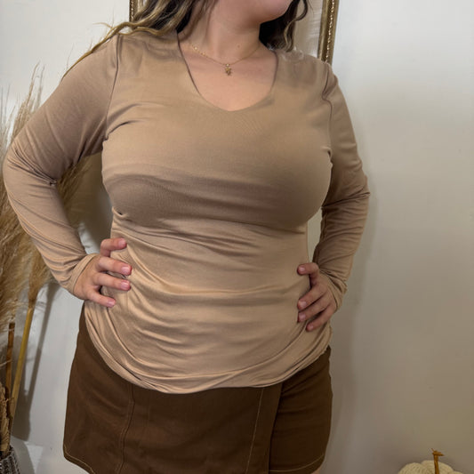 Long Sleeve Double Layered Top-Tan
