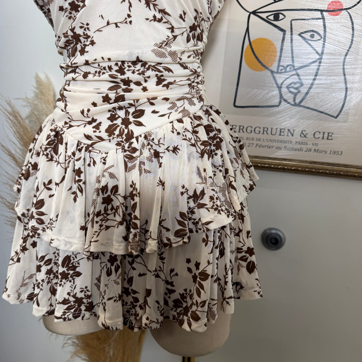 Floral Halter Double Layer Ruffle Mini Dress-Cream