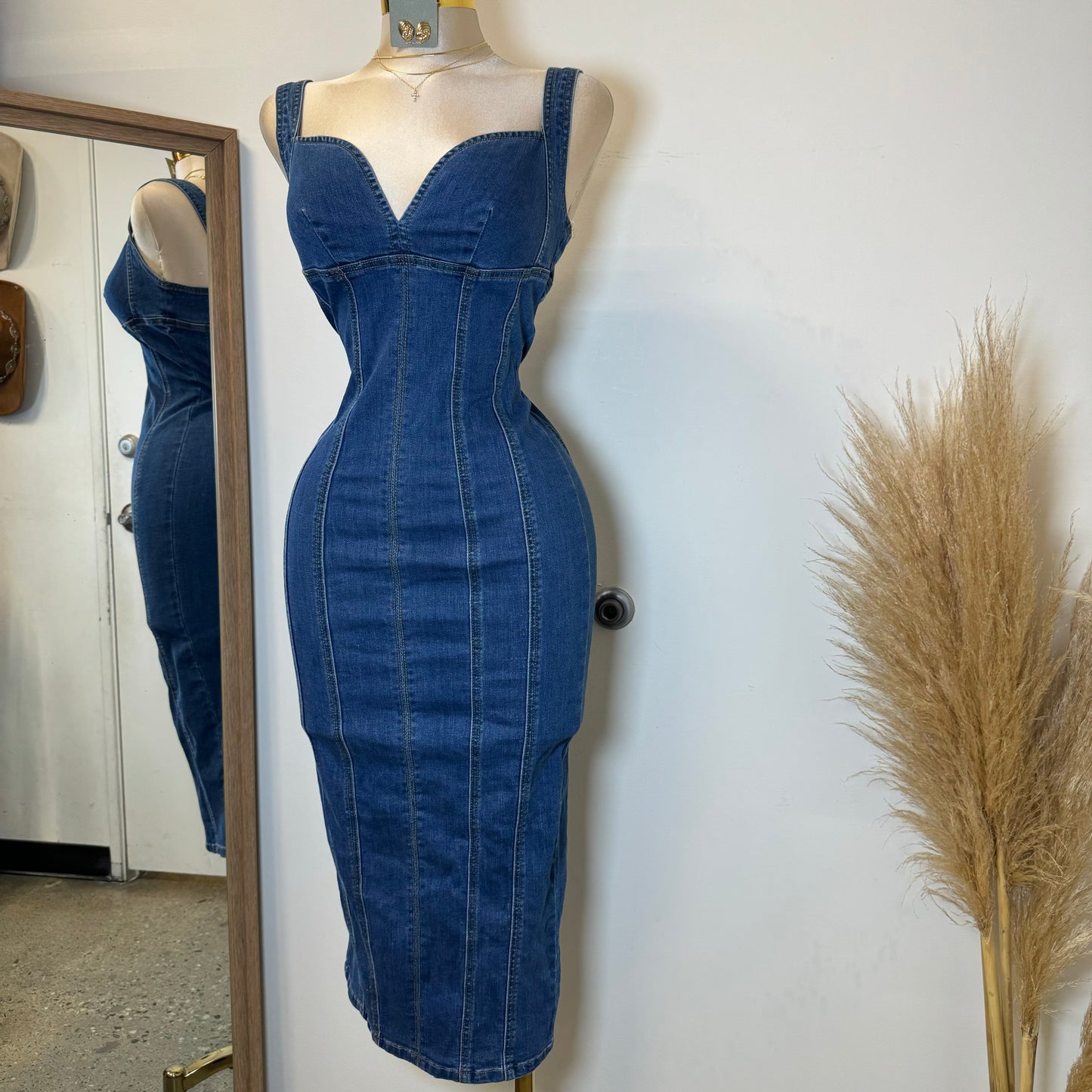 Denim Midi Dress-DK Blue