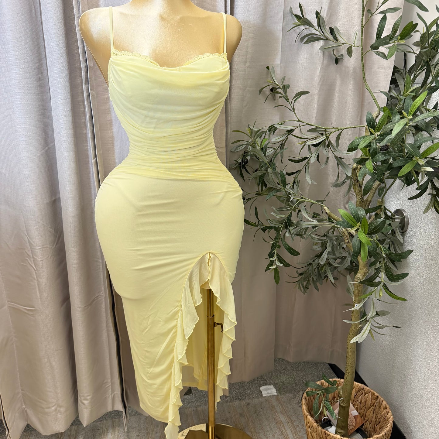 Mesh draped Slit Midi Dress-butter yellow