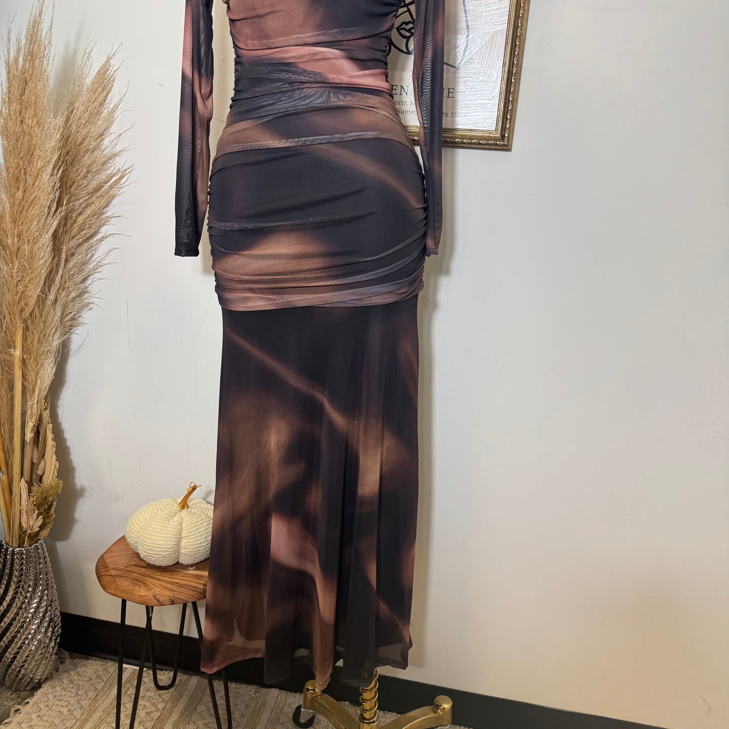 Geographic Mesh Maxi Dress-Brown Combo