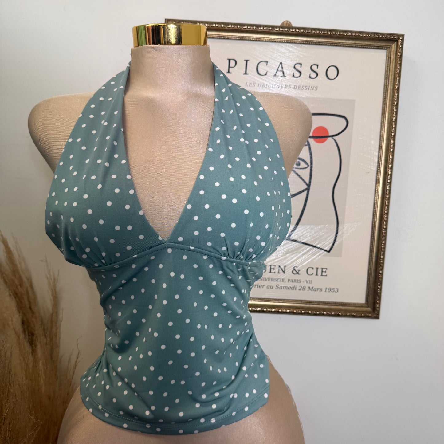 Polka Dot Halter Neck Top-Teal Green