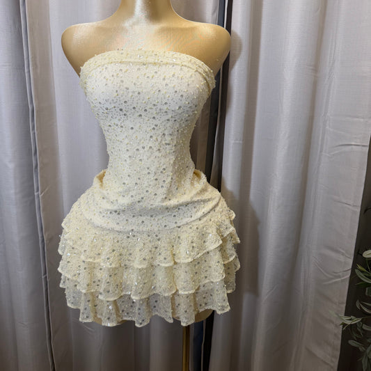 Beads Sequins Pearls Fold Over Triple Layer Mini Dress-Butter Yellow
