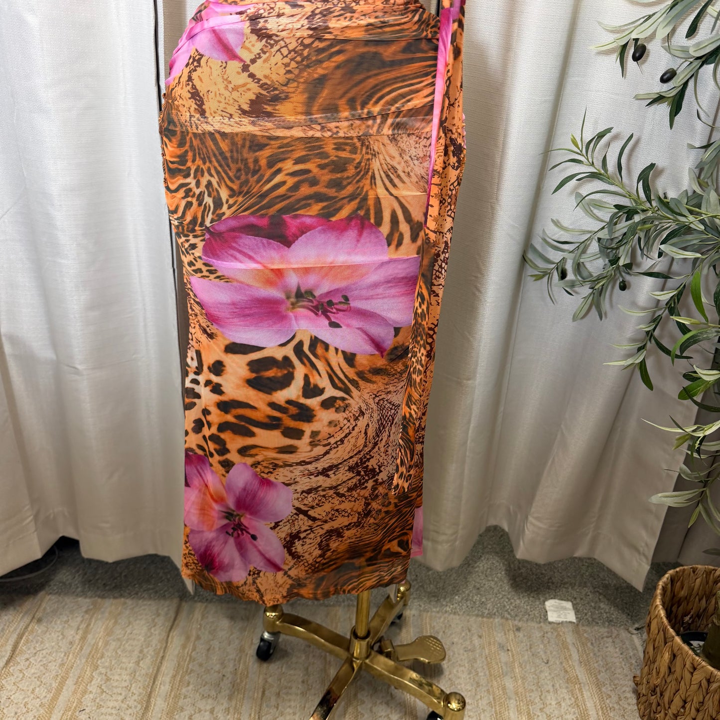PRINT RUCHED MIDI DRESS-Brown Pink
