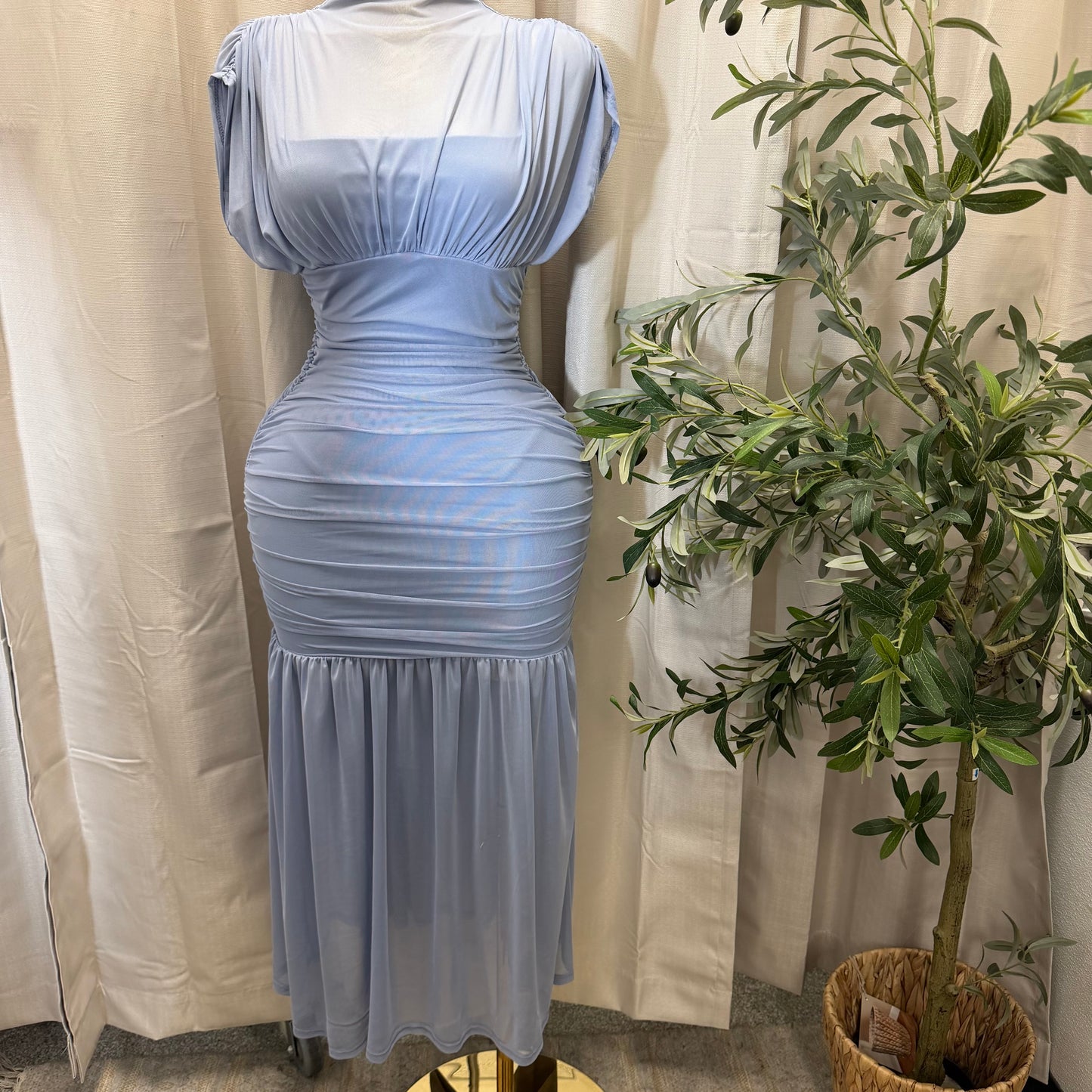 Mesh & Knit Mix Long Dress-Light Blue