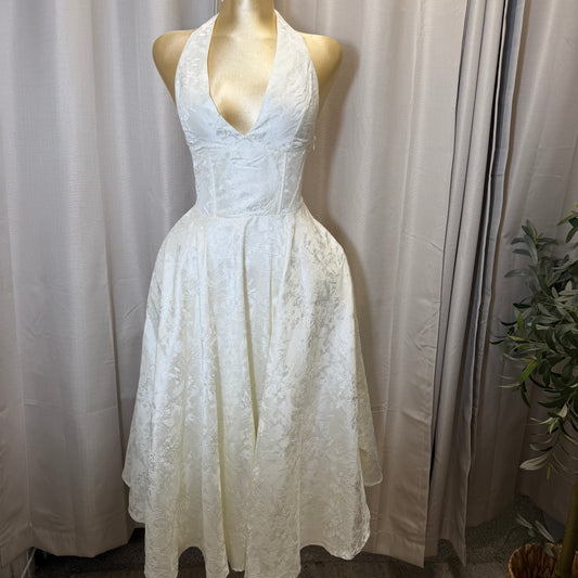 Satin Jacquard Halter neck Midi Dress-Ivory