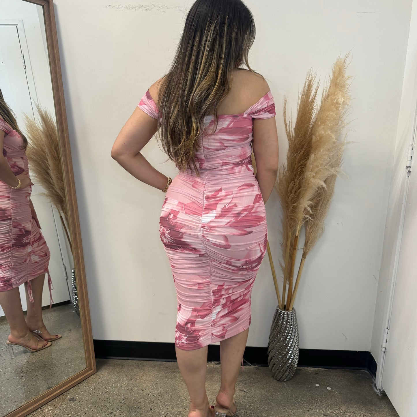 Floral Print Off Shoulder Ruched Dress-Pink