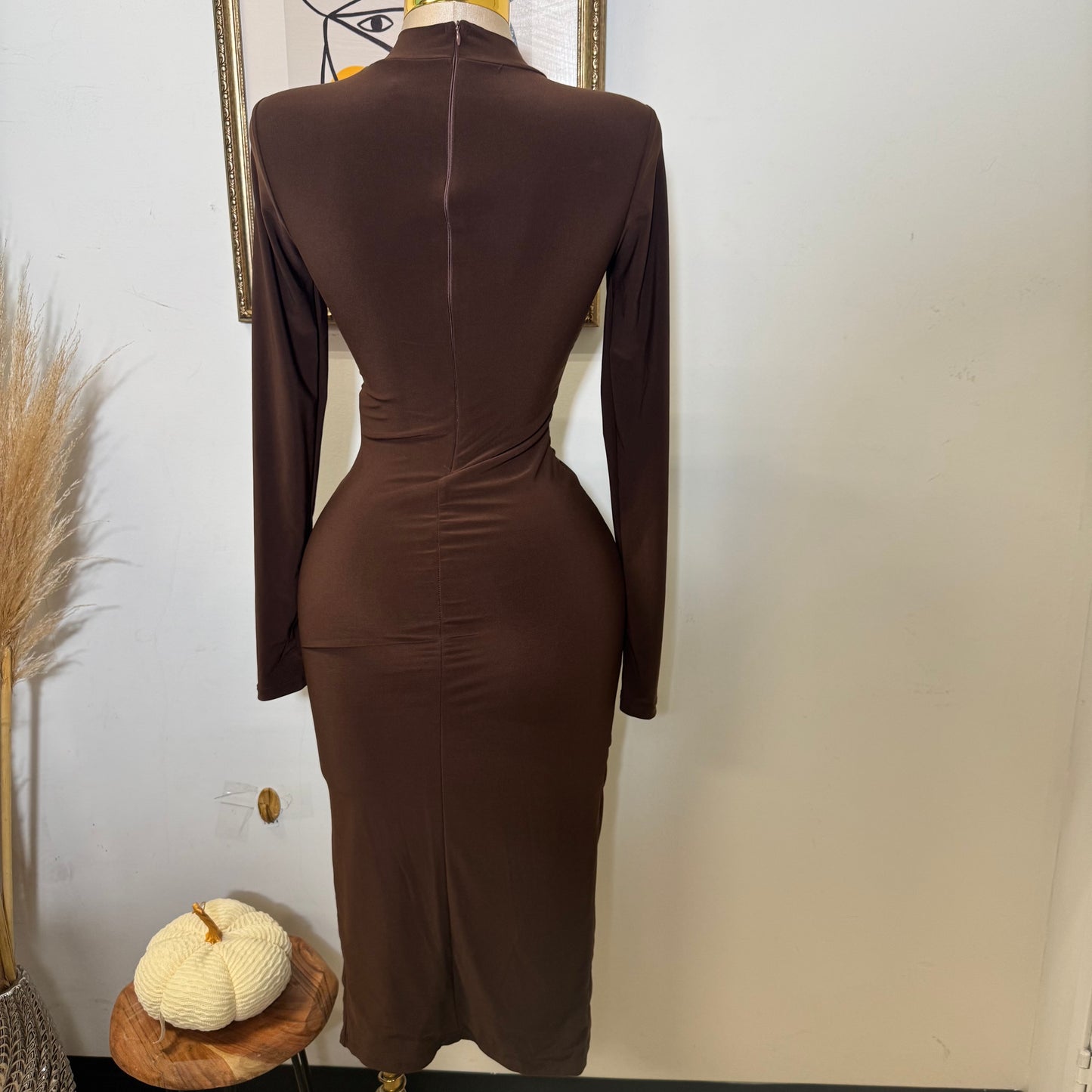 Mock Neck Ruffle Midi Dress-Brown