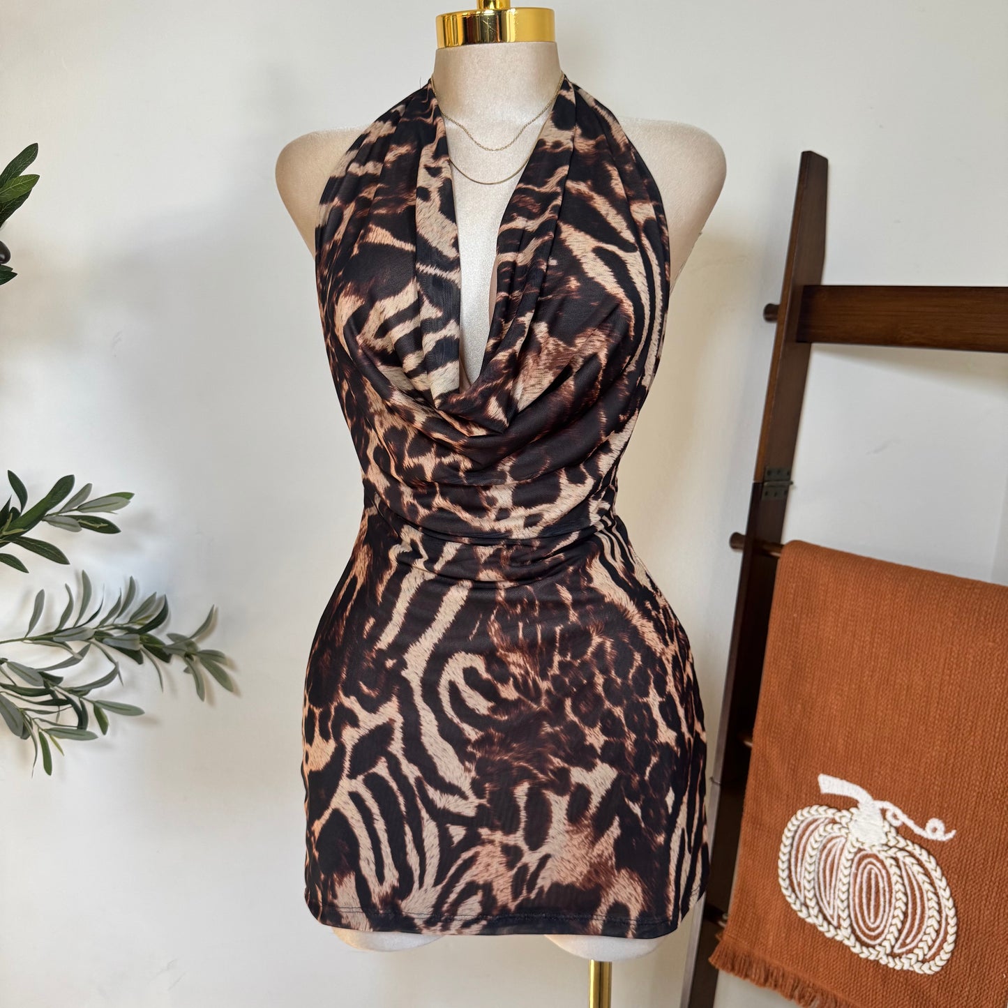 Halter Mesh Dress-Cheetah