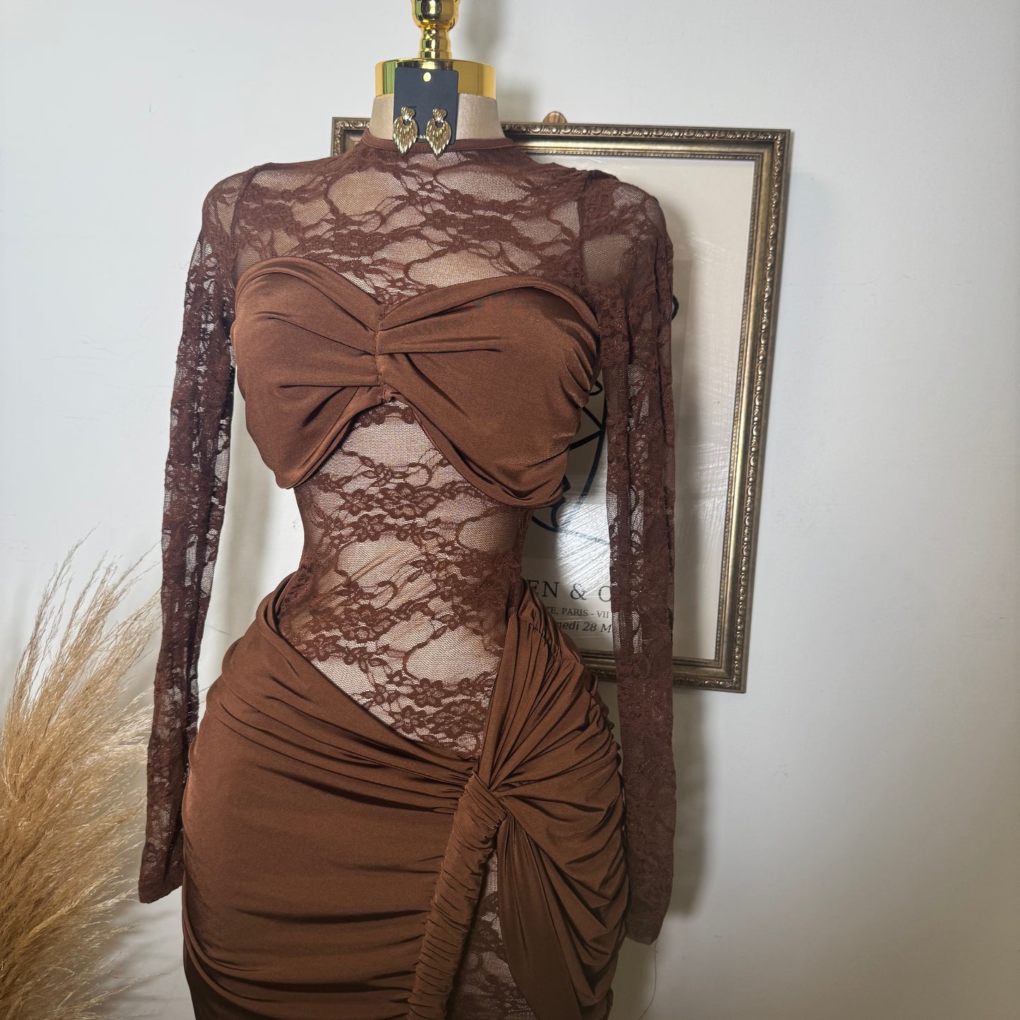 Long sleeve Lace Dress-Brown