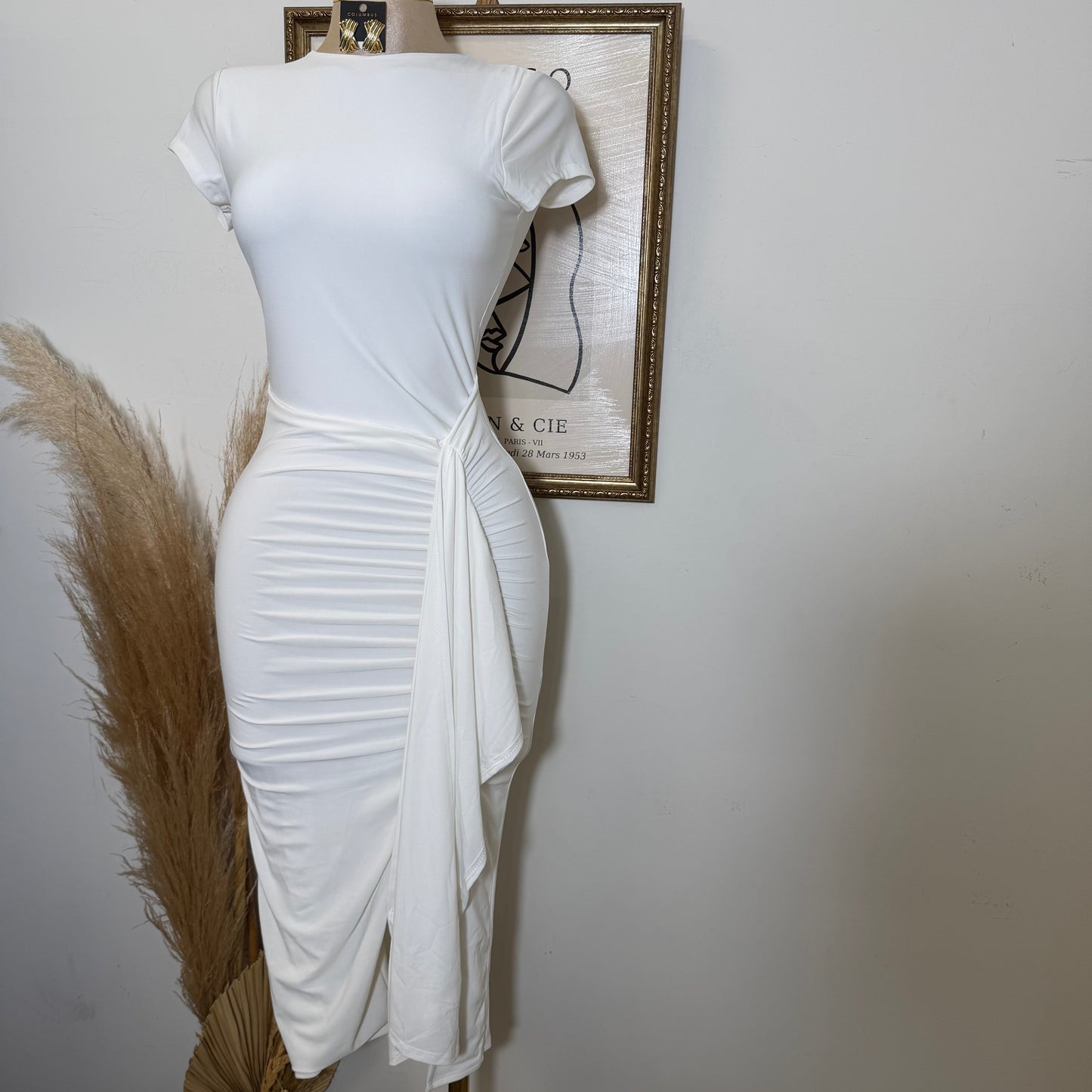 Front slit with sash detail midi Dress-White