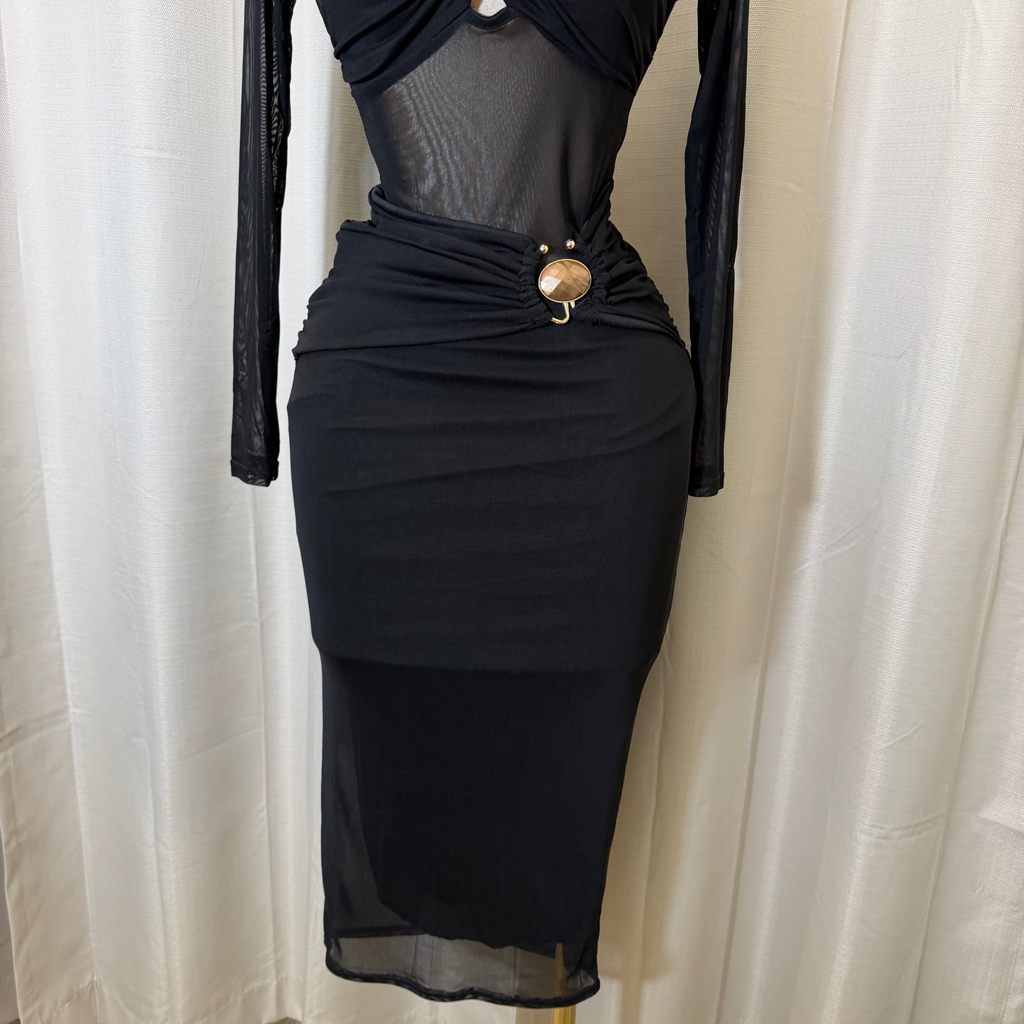 Front Trim mesh Midi dress-Black