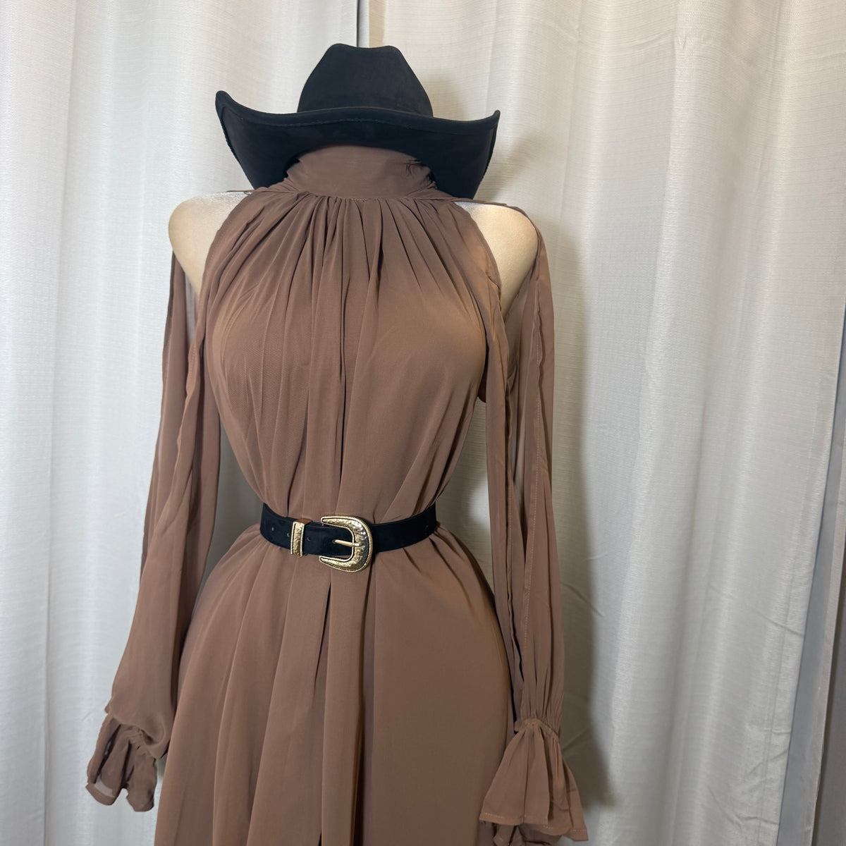 High Low Mock Neck Chiffon Maxi Dress-Brown