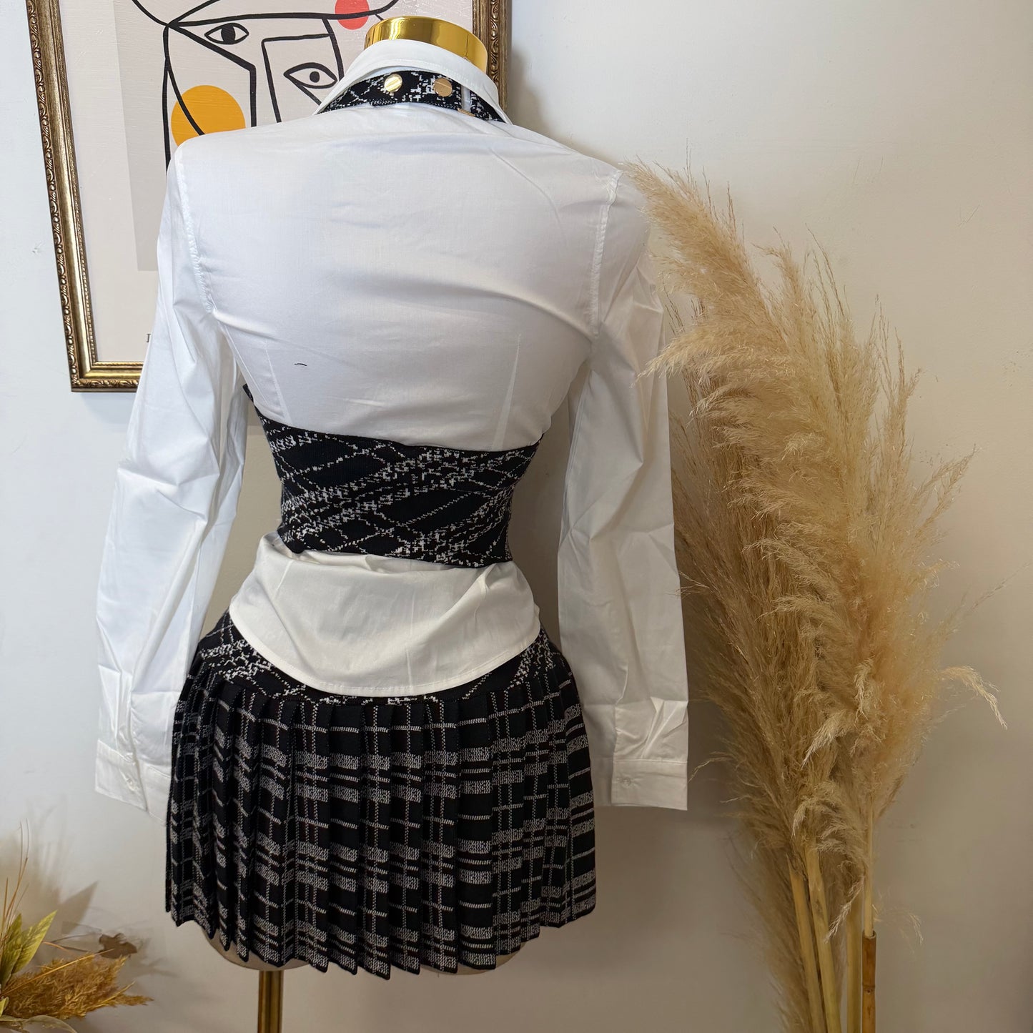 Halter Plaid Skirt Two Piece Set -Black