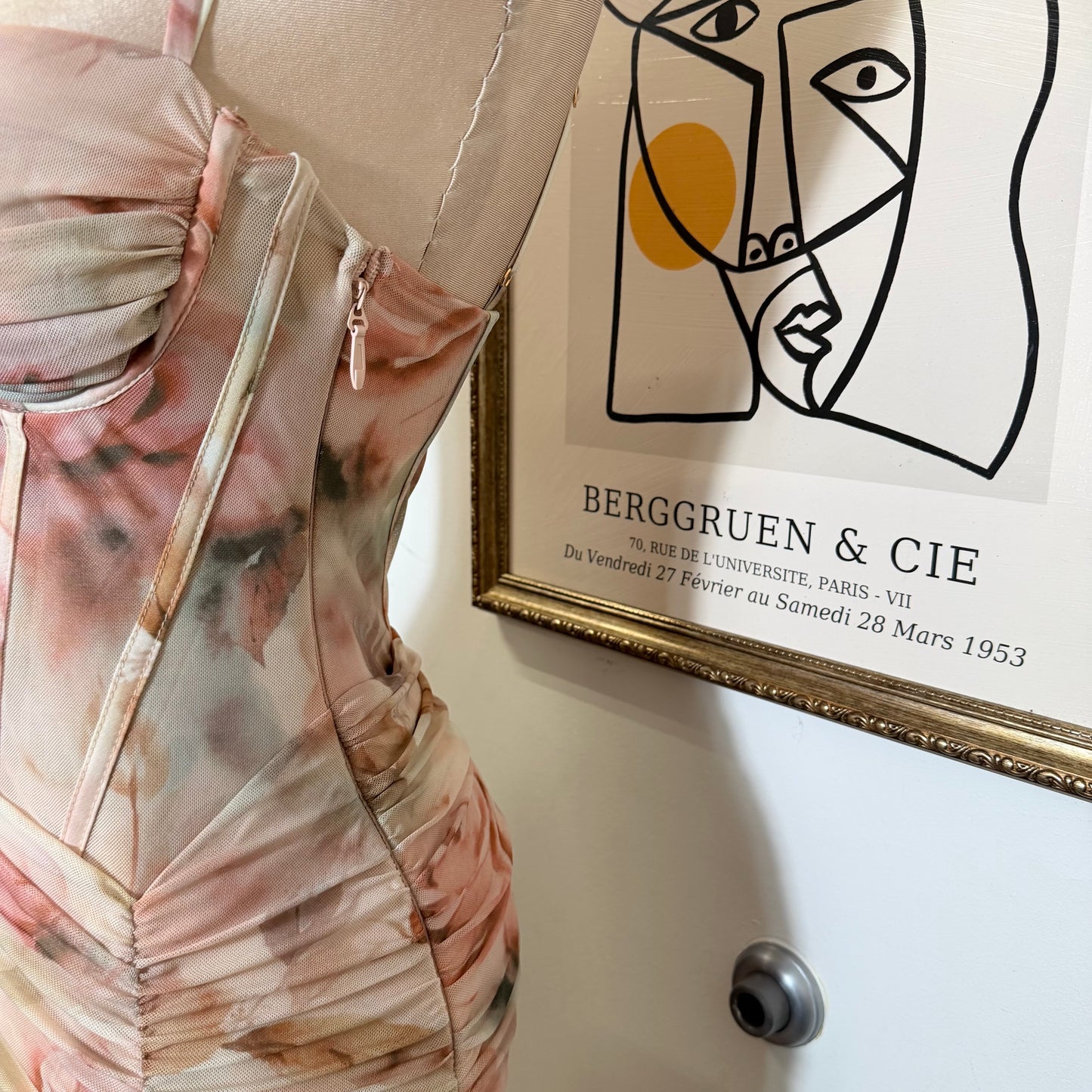 Ruched Asymmetric Corset Gown in Floral Mesh Print-Peachy /Nude